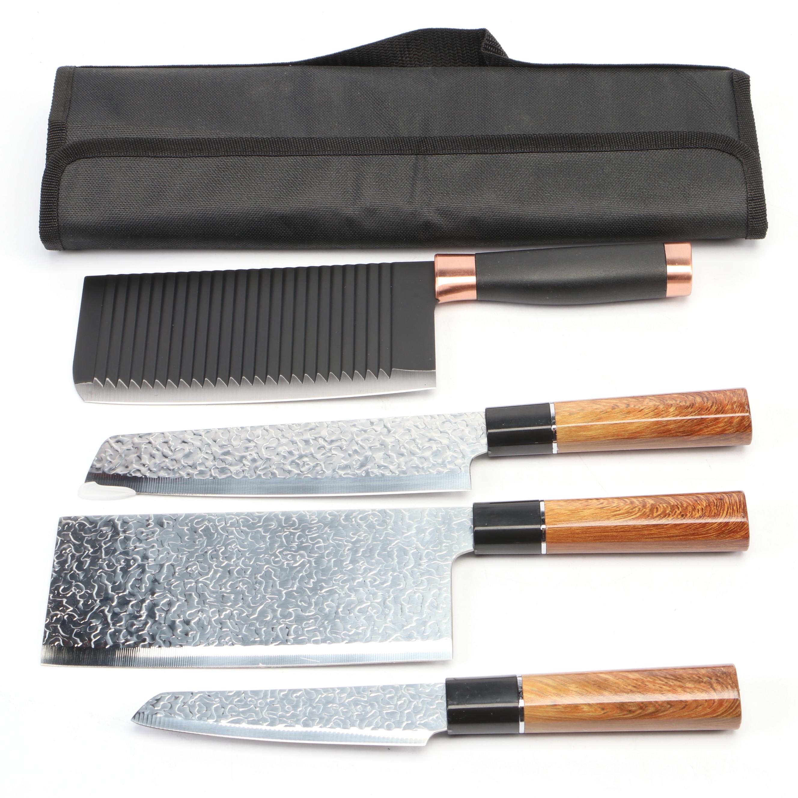 Japanese Four-Piece Chef's Knife and Cleaver Set in Nylon Roll Case