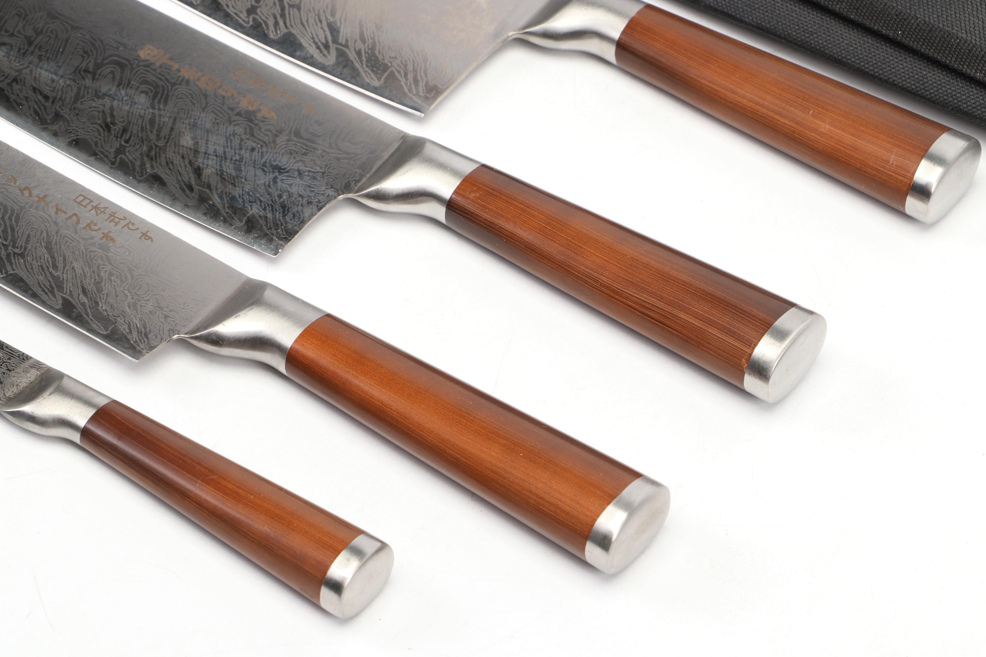 Japanese Four-Piece Chef's Knife and Cleaver Set in Nylon Roll Case