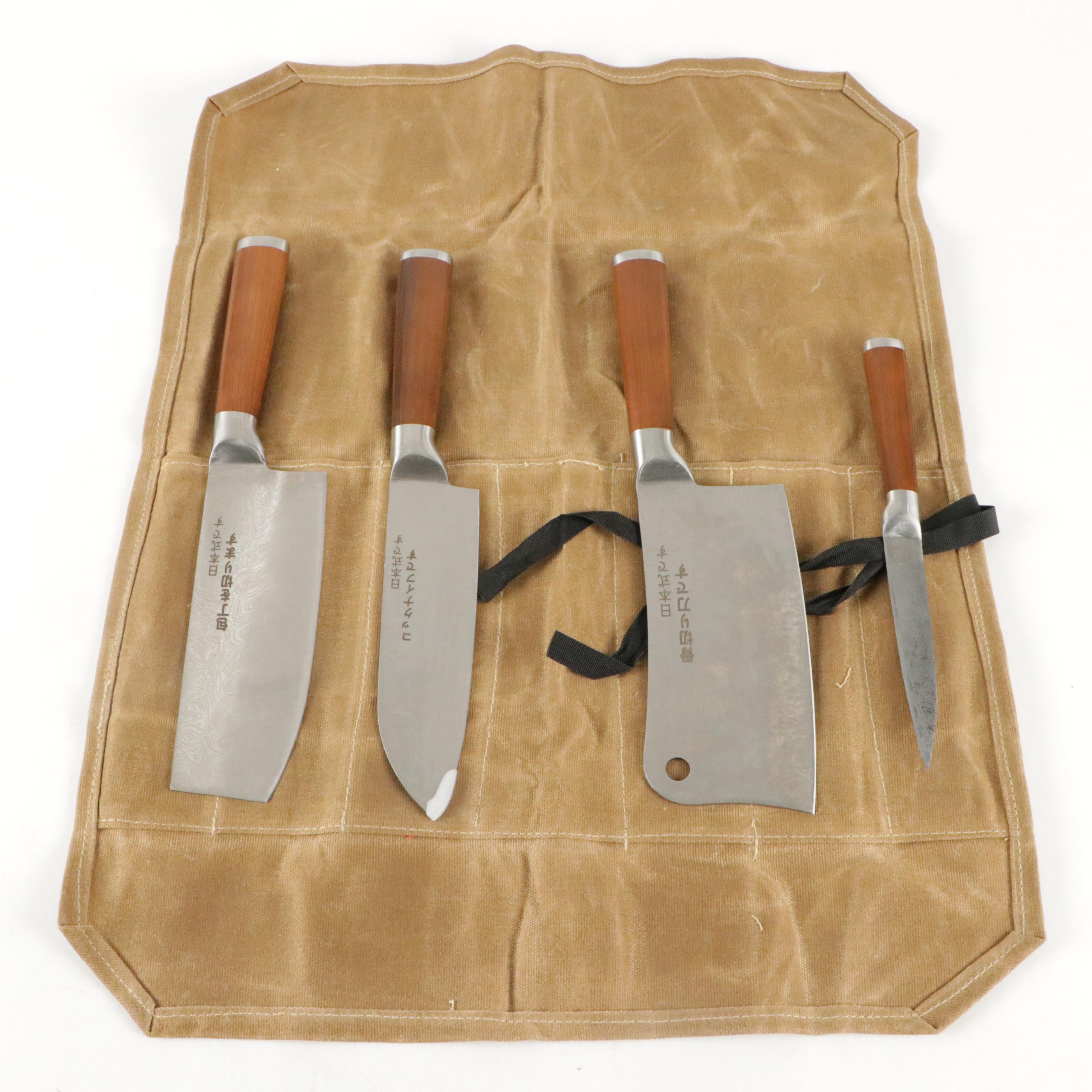 Japanese Steel and Wooden Handled Chefs Knives in Rolled Case