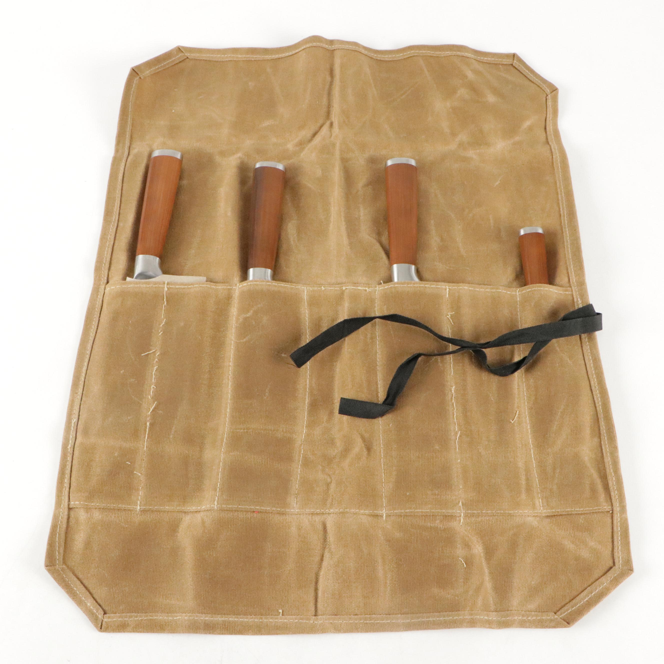 Japanese Steel and Wooden Handled Chefs Knives in Rolled Case