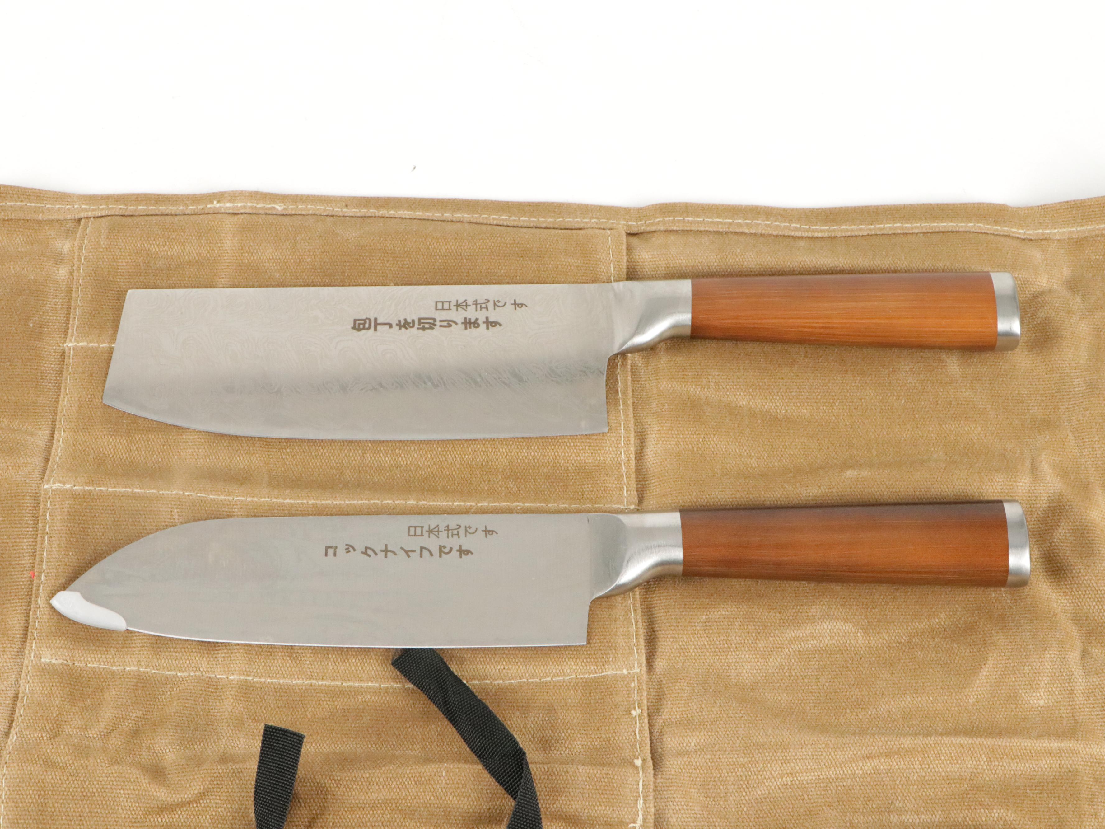 Japanese Steel and Wooden Handled Chefs Knives in Rolled Case