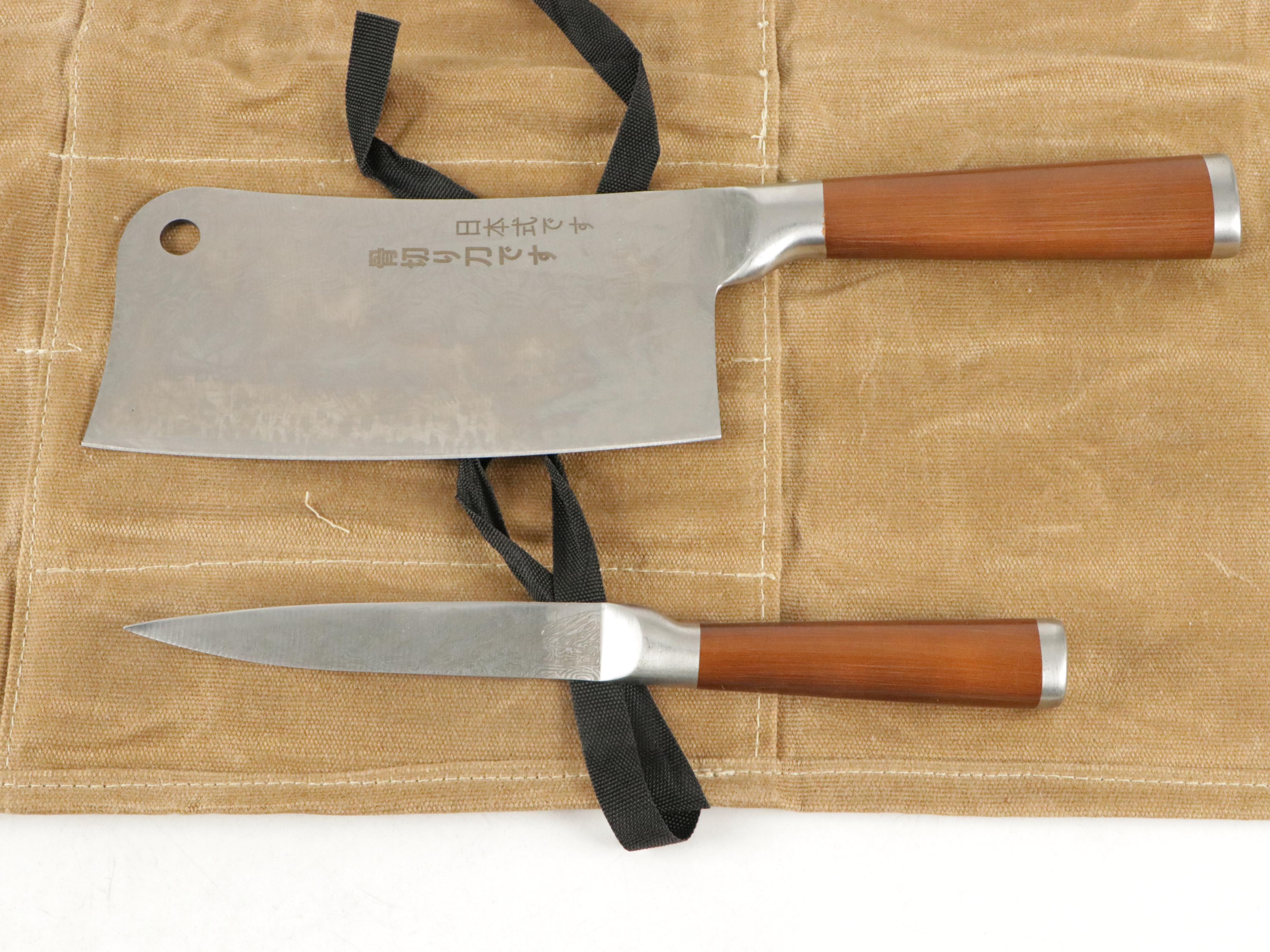 Japanese Steel and Wooden Handled Chefs Knives in Rolled Case