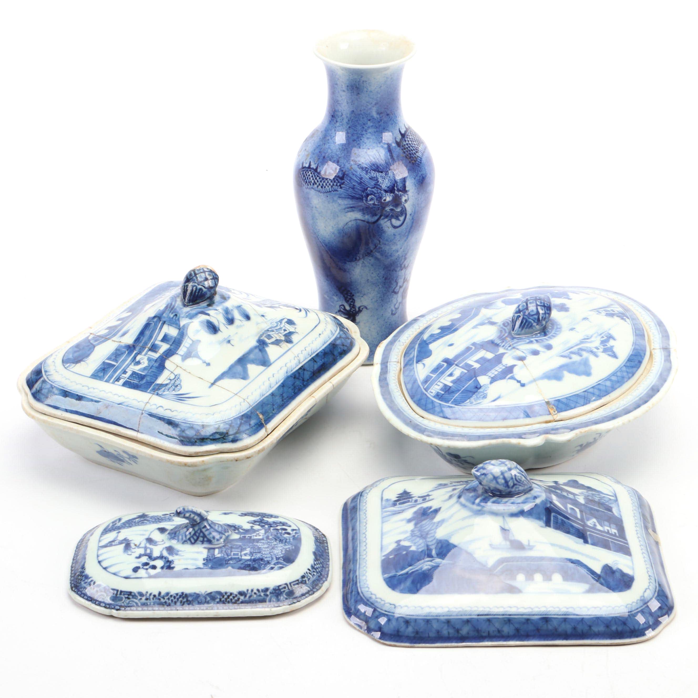 Chinese Export Porcelain Canton Covered Serving Dishes and Lids with Other Vase
