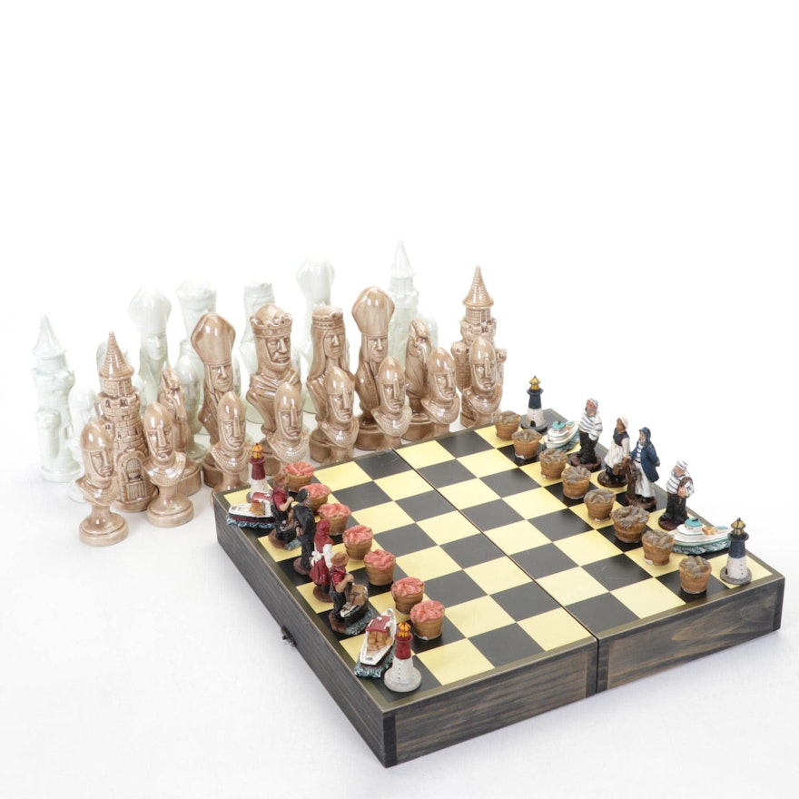Scioto Medieval Chess Set in Iridescent White & Tan With Nautical Set and Board