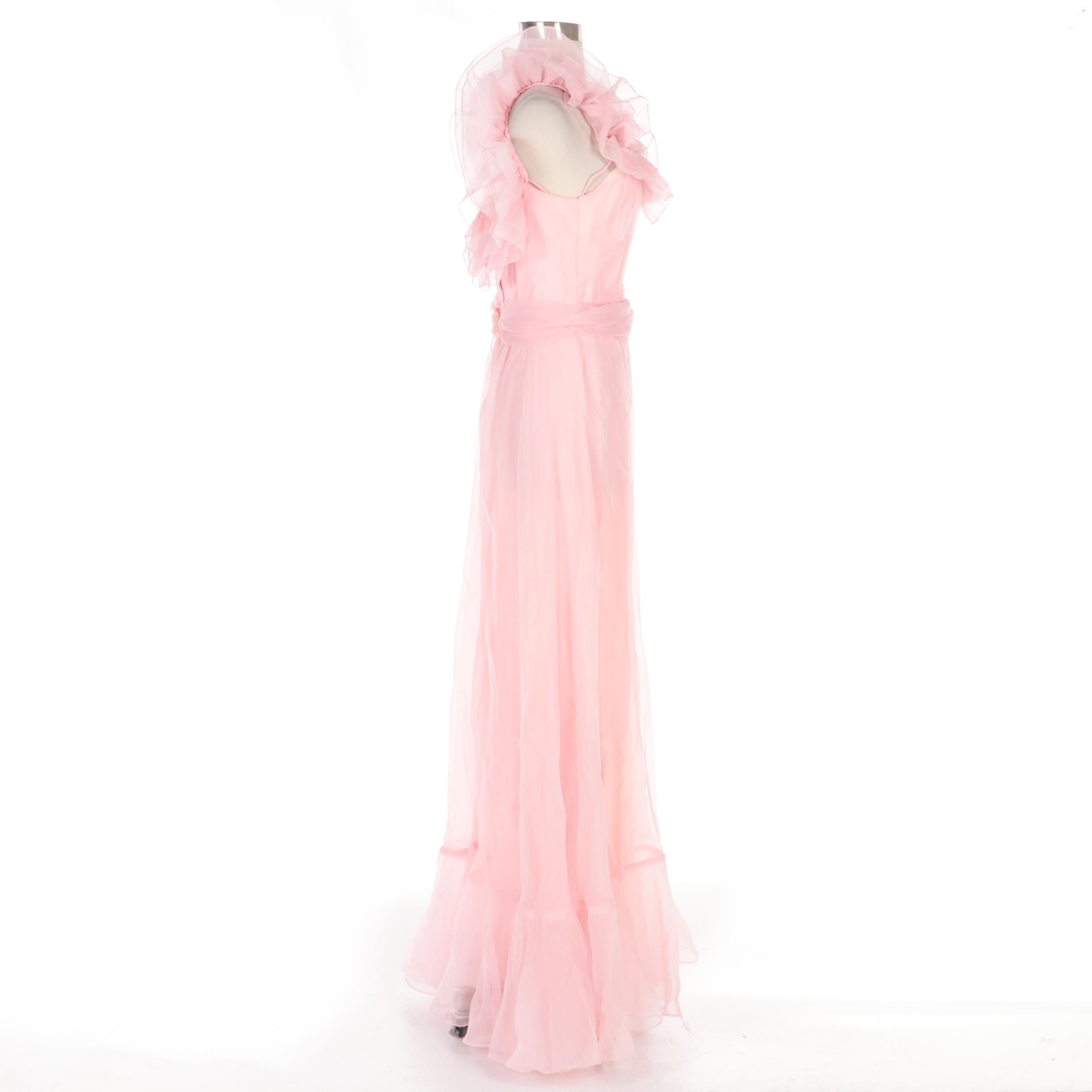 Off-the-Shoulder Pink Chiffon Ruffle Dress, Mid-20th Century