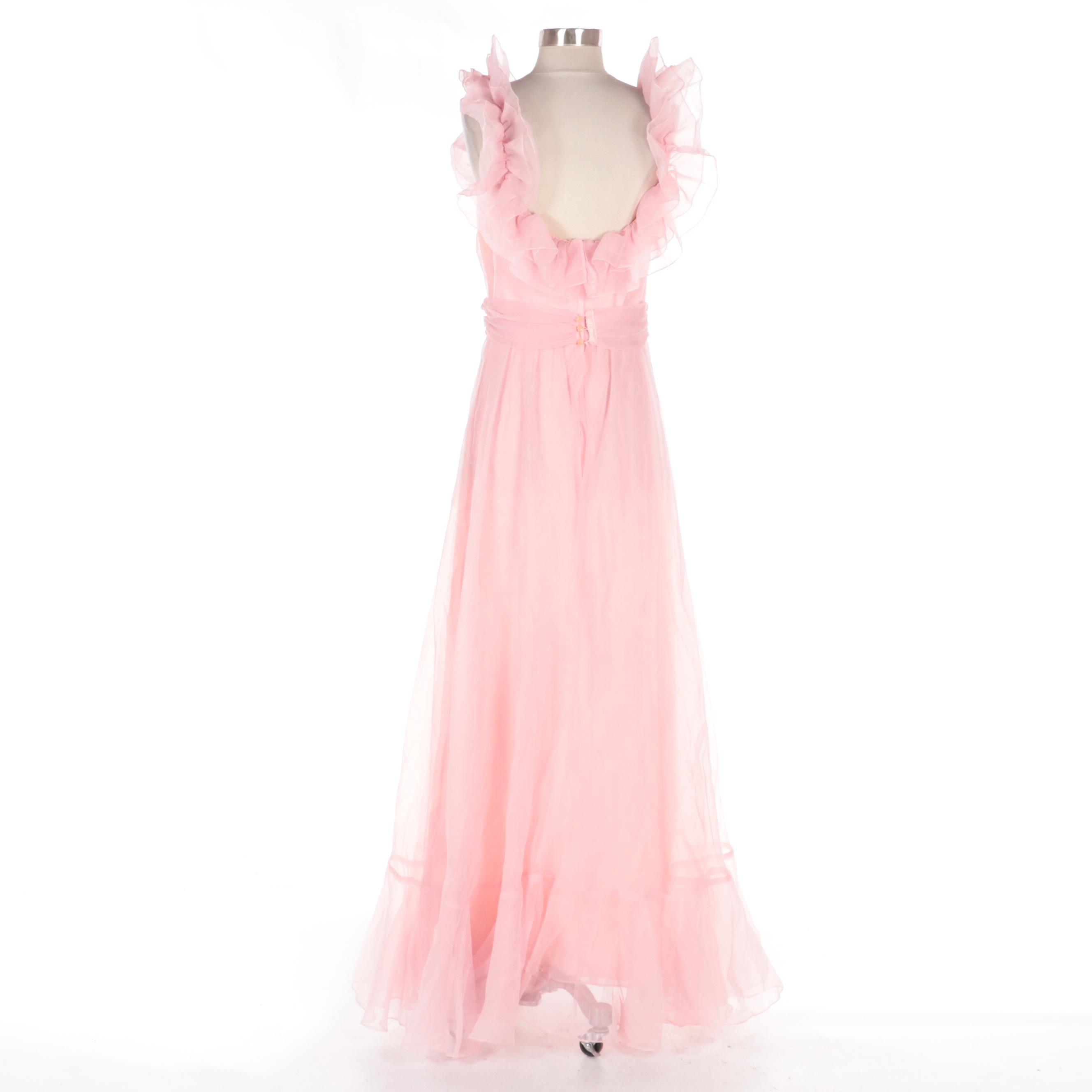 Off-the-Shoulder Pink Chiffon Ruffle Dress, Mid-20th Century