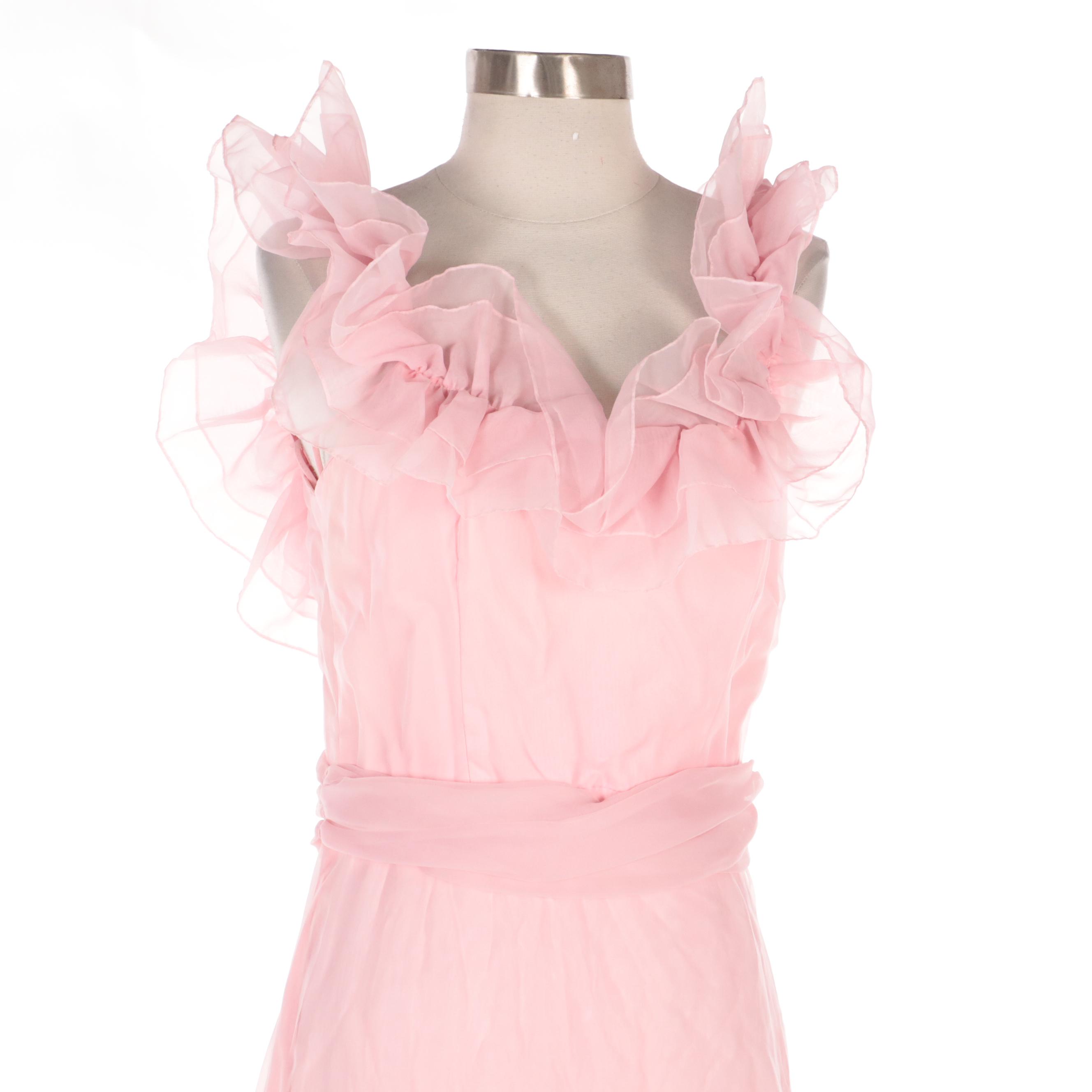 Off-the-Shoulder Pink Chiffon Ruffle Dress, Mid-20th Century