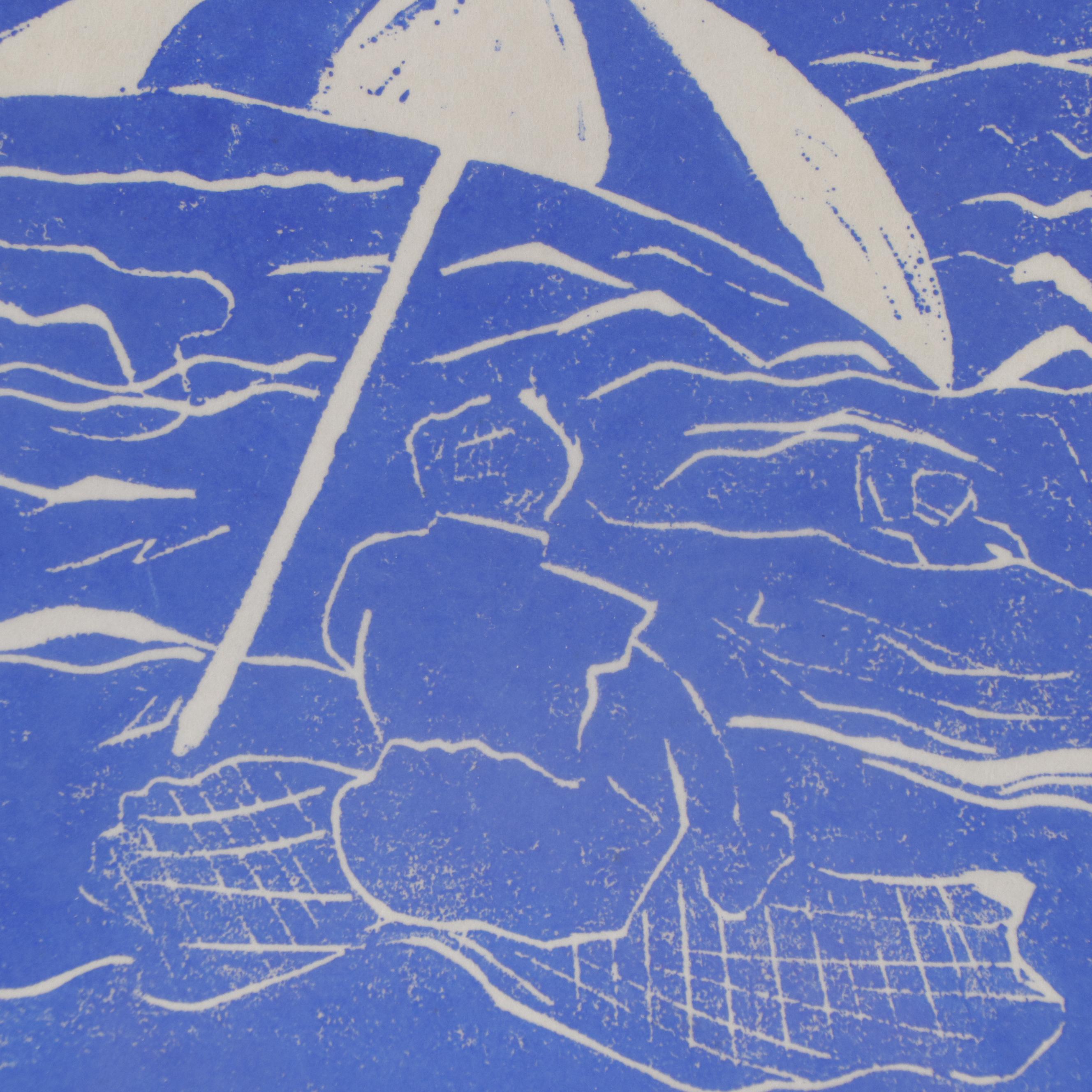 Modern Linocut "On the Beach," 1974