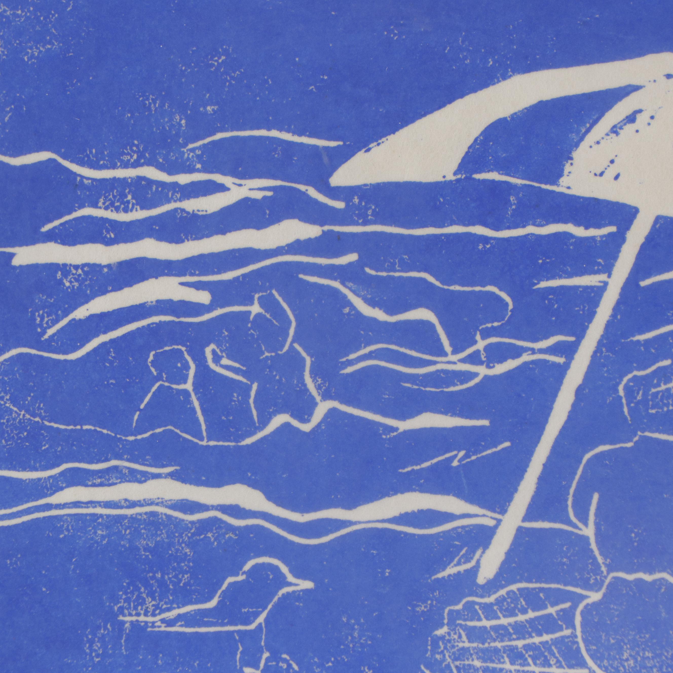 Modern Linocut "On the Beach," 1974