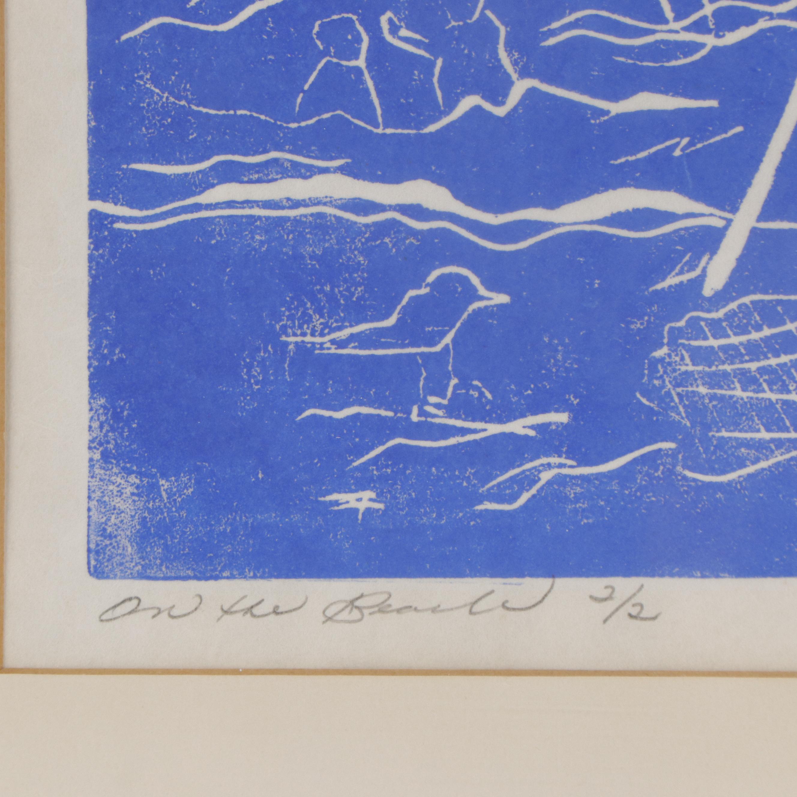 Modern Linocut "On the Beach," 1974