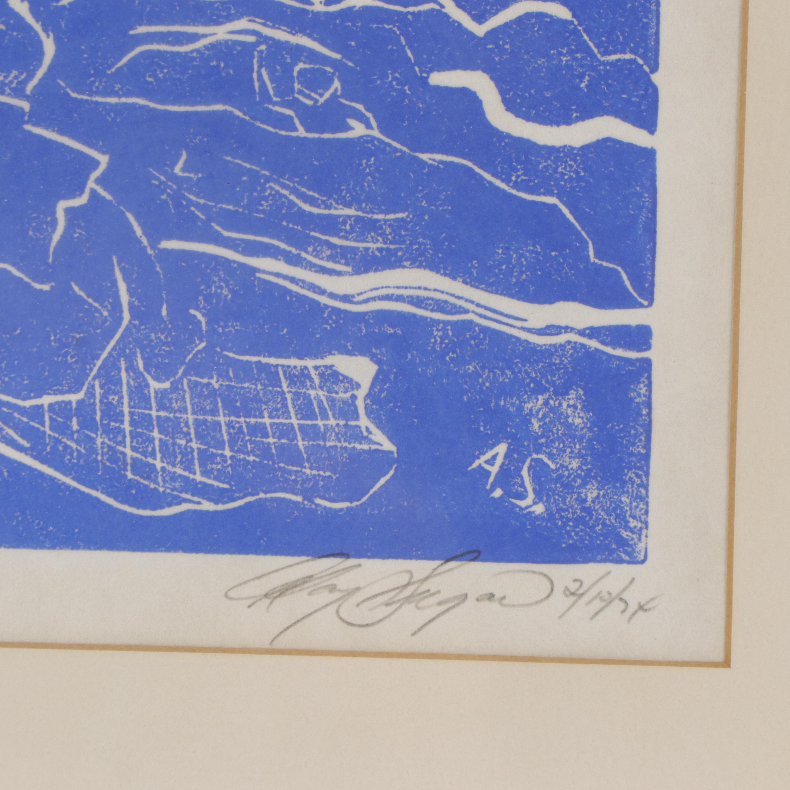 Modern Linocut "On the Beach," 1974