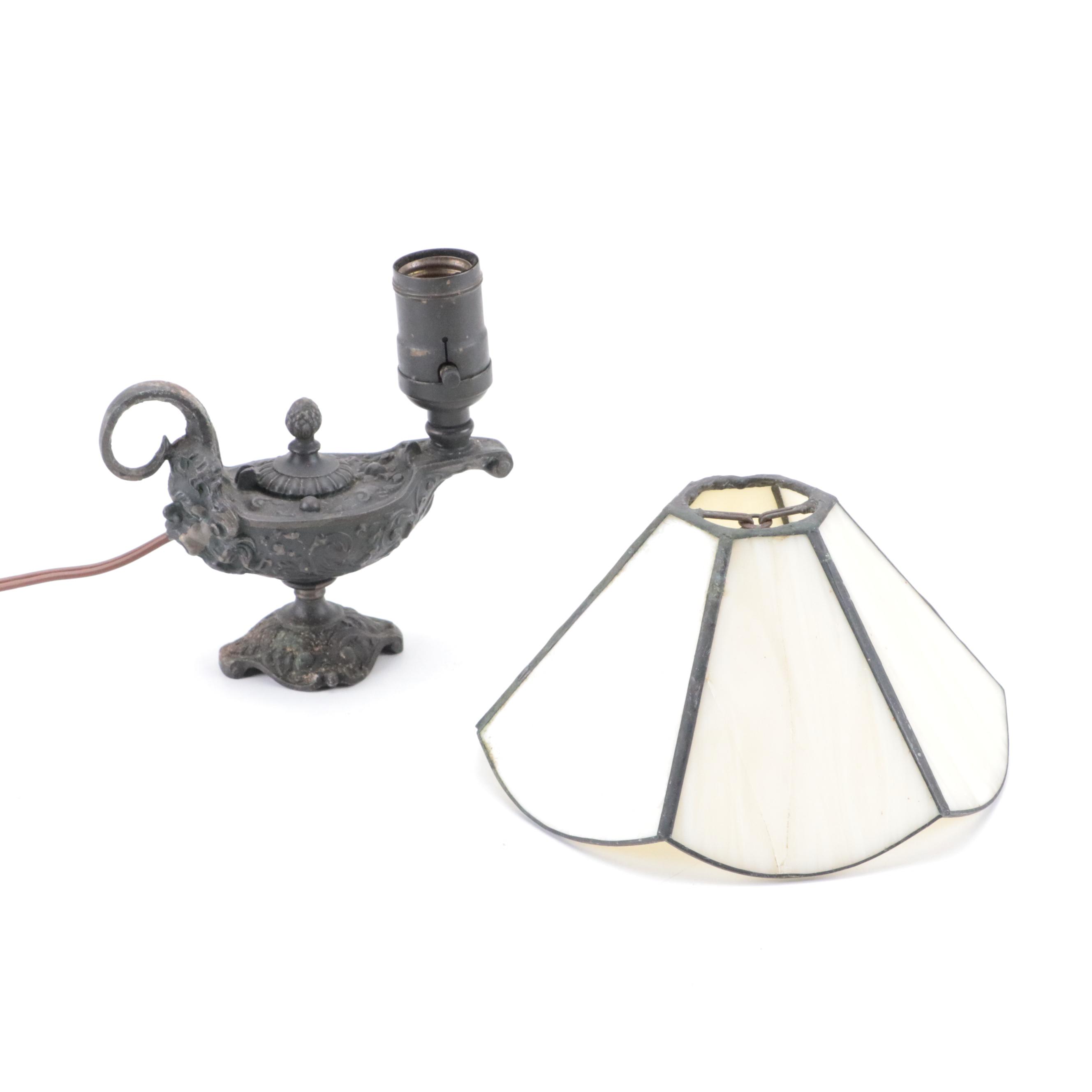 Patinated Cast Metal Oil Lamp Form Electrified Lamp with Slag Glass Shade