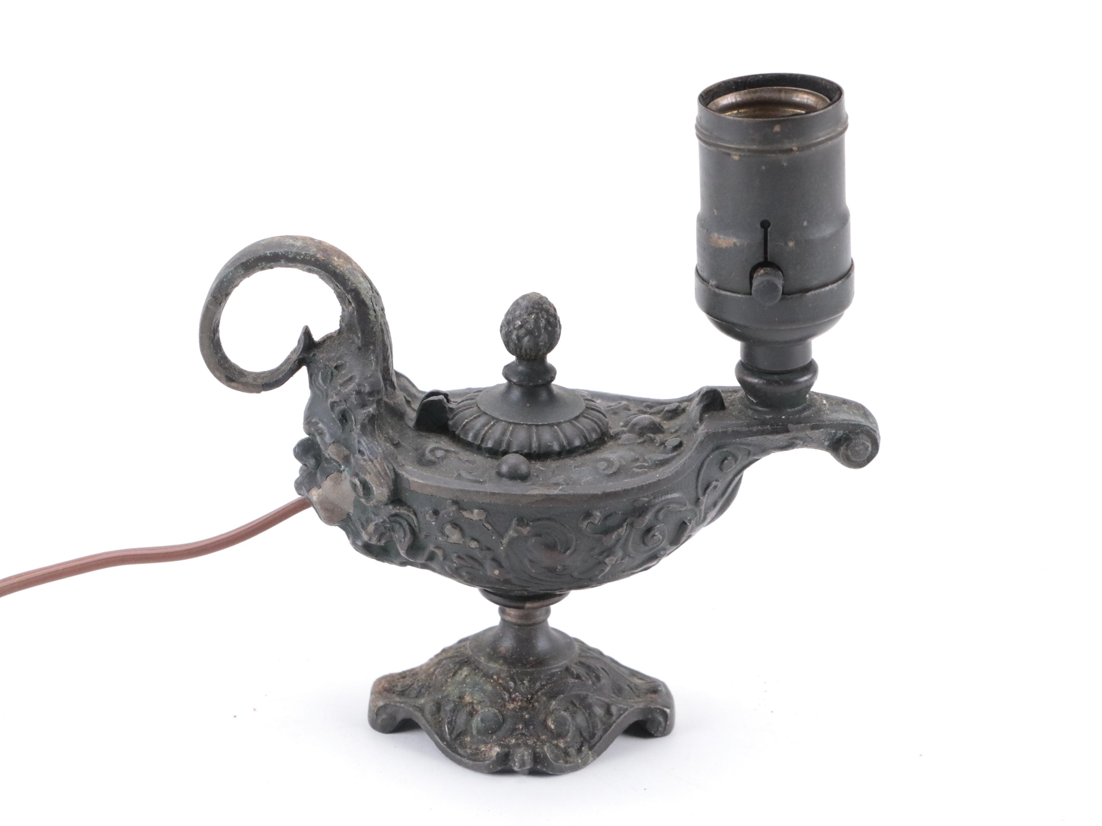 Patinated Cast Metal Oil Lamp Form Electrified Lamp with Slag Glass Shade