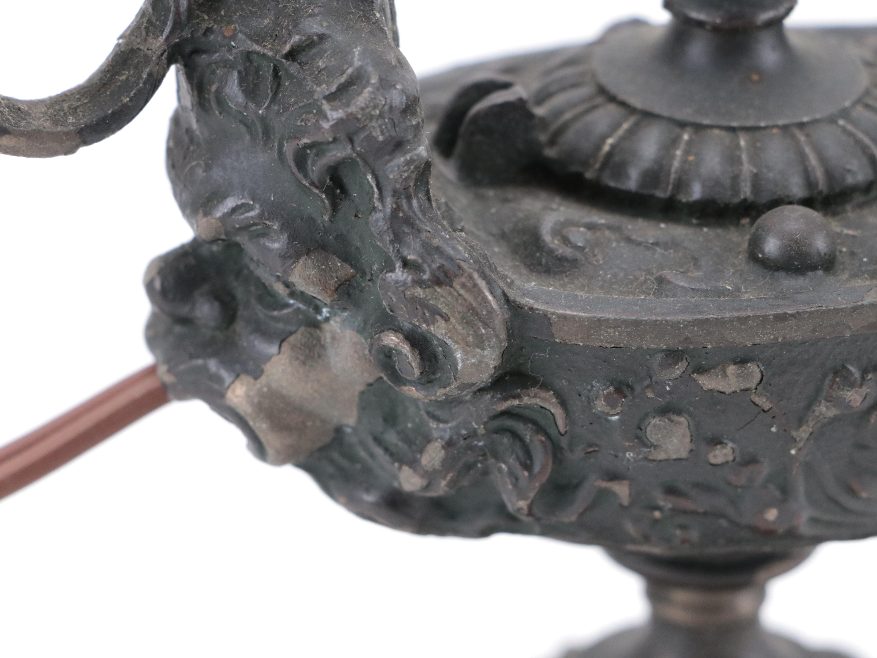 Patinated Cast Metal Oil Lamp Form Electrified Lamp with Slag Glass Shade