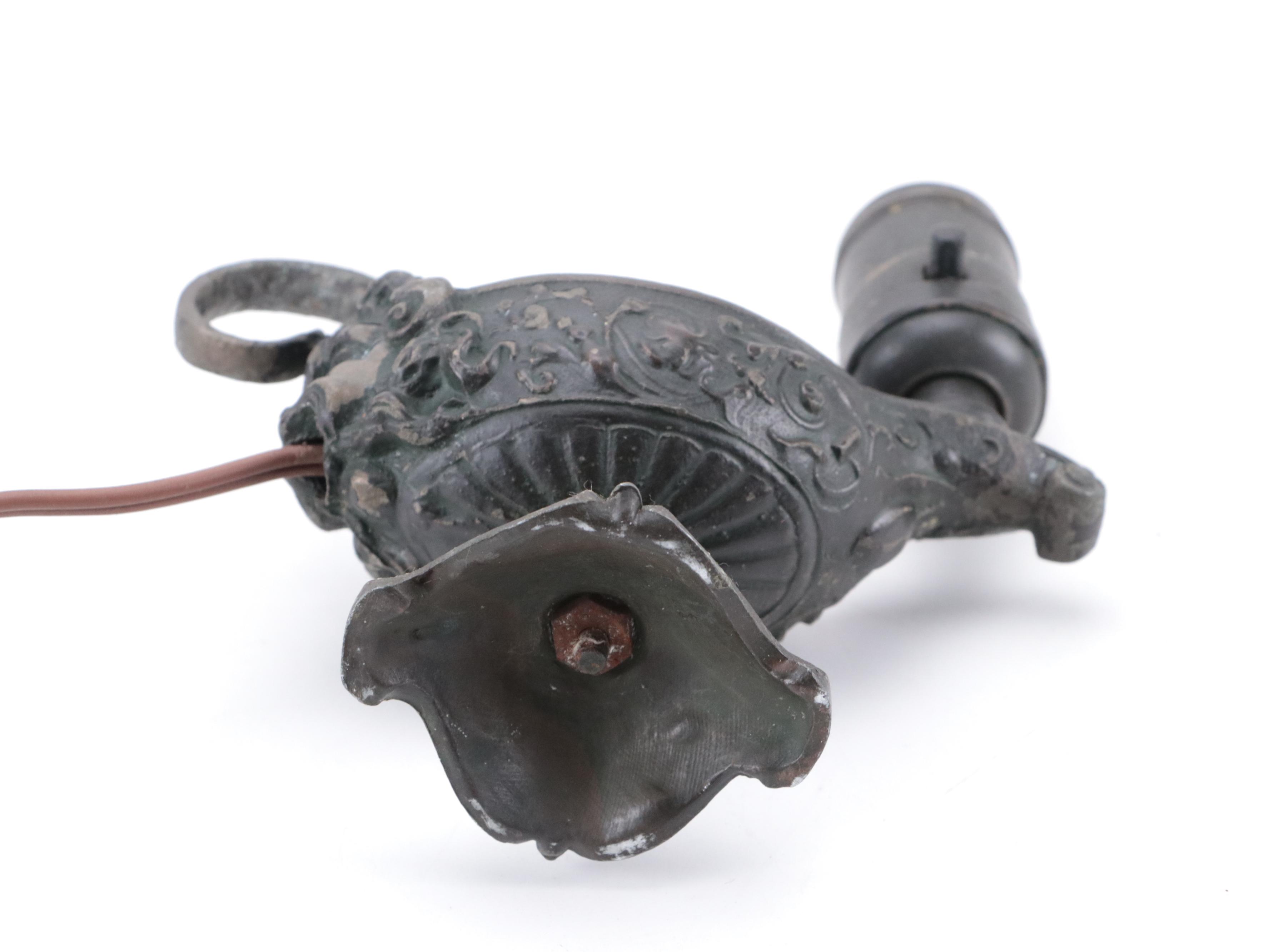 Patinated Cast Metal Oil Lamp Form Electrified Lamp with Slag Glass Shade