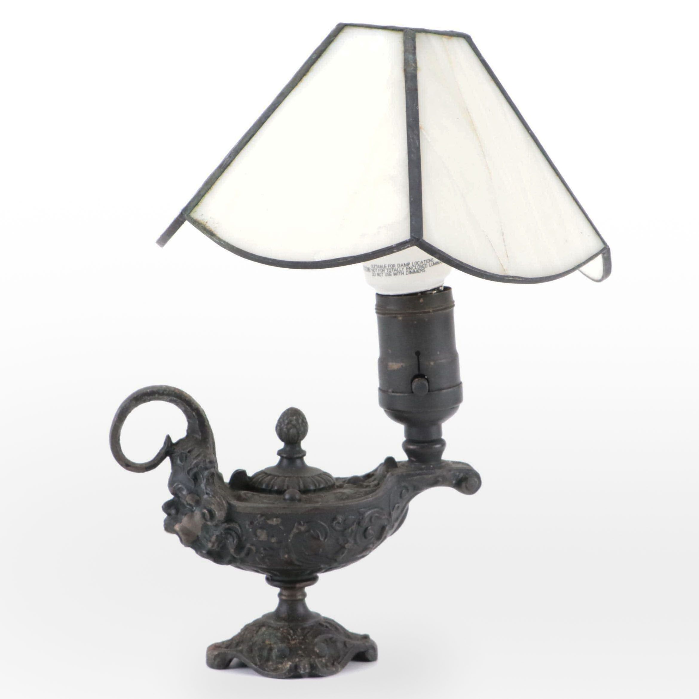 Patinated Cast Metal Oil Lamp Form Electrified Lamp with Slag Glass Shade