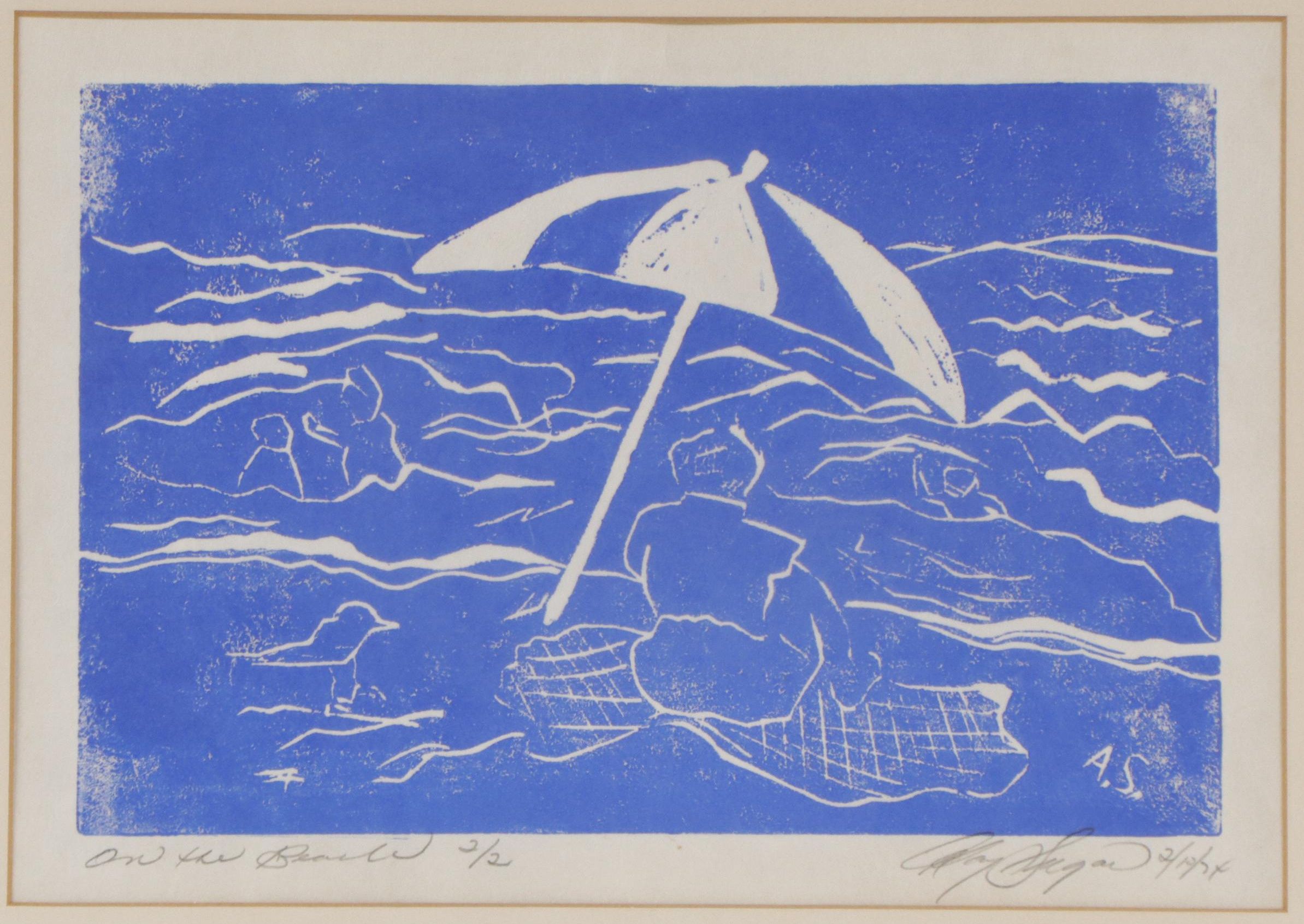 Modern Linocut "On the Beach," 1974
