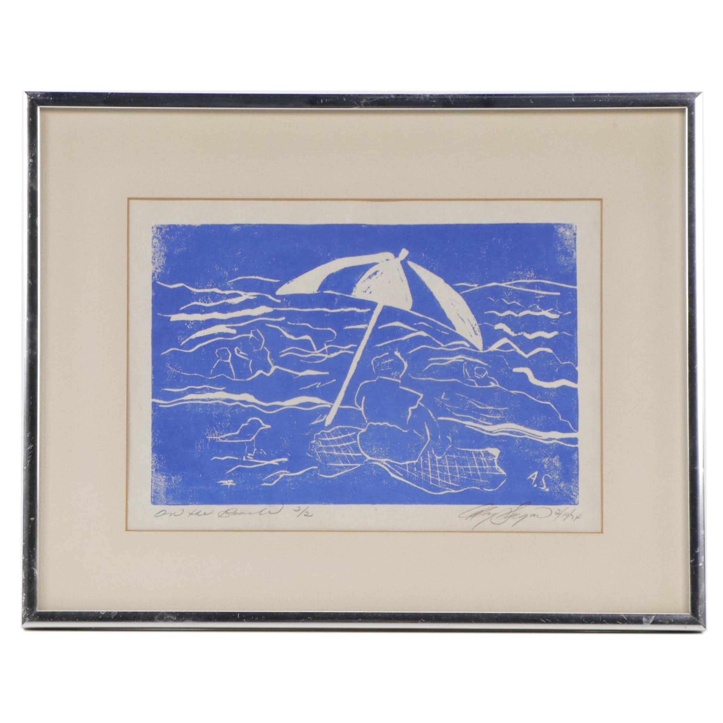 Modern Linocut "On the Beach," 1974