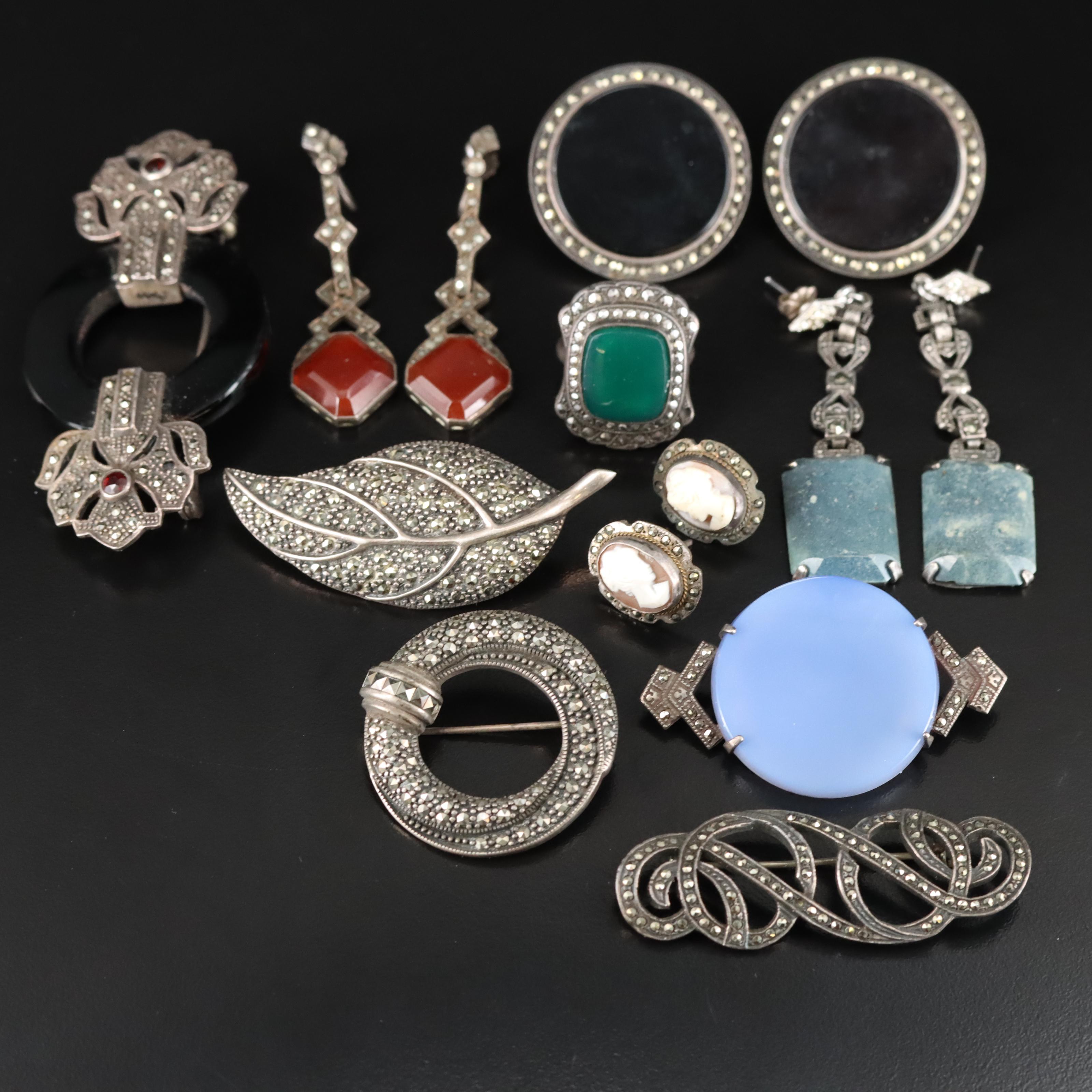 Vintage Sterling Marcasite Jewelry Including Art Deco and Carnelian