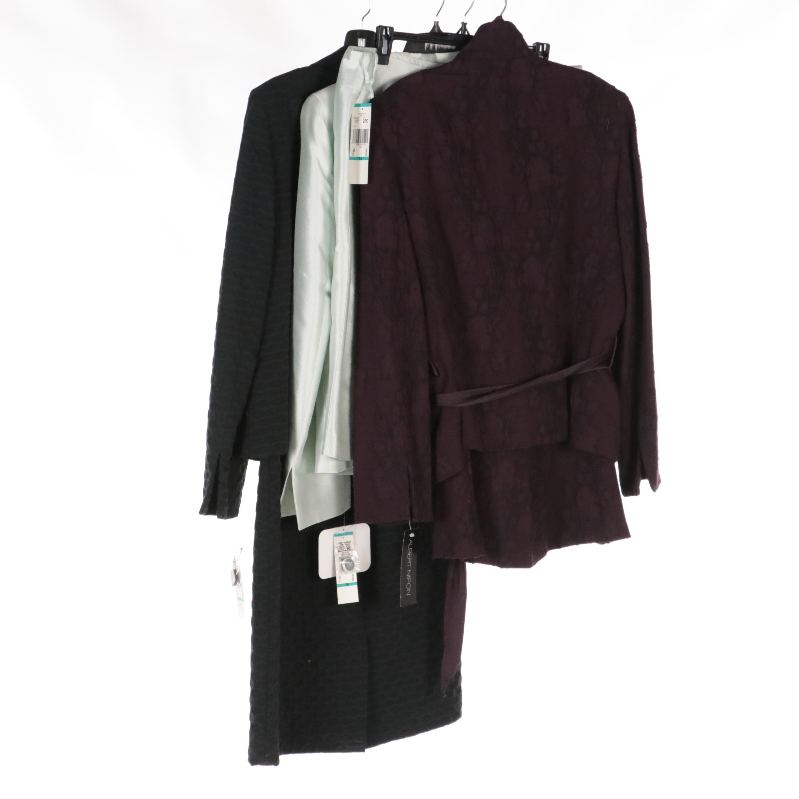 Albert Nipon Black Textured Cotton Dress Suit, Wool Blend Skirt Suits, With Tags