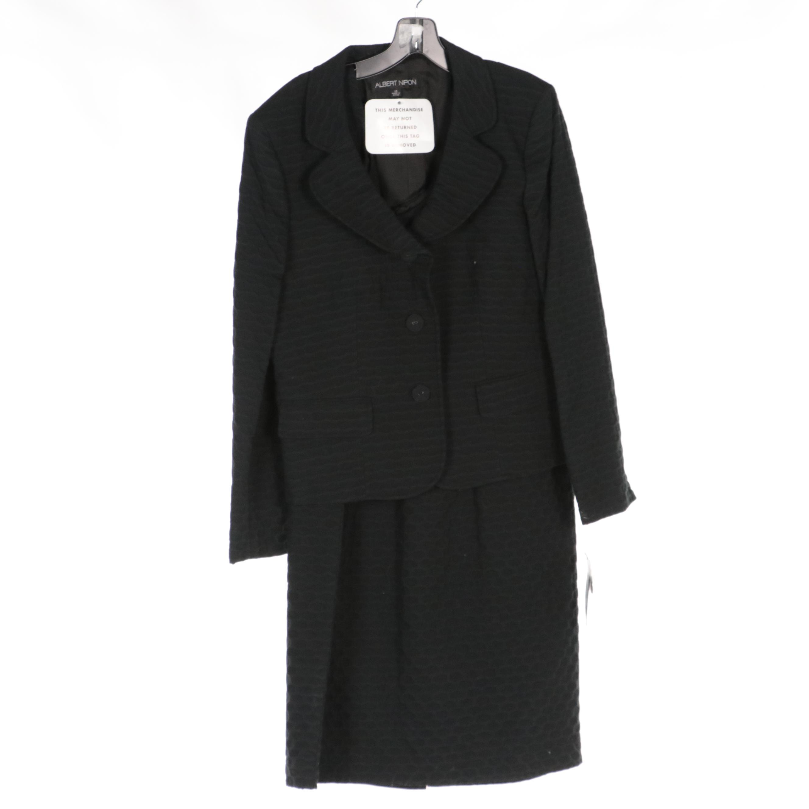 Albert Nipon Black Textured Cotton Dress Suit, Wool Blend Skirt Suits, With Tags