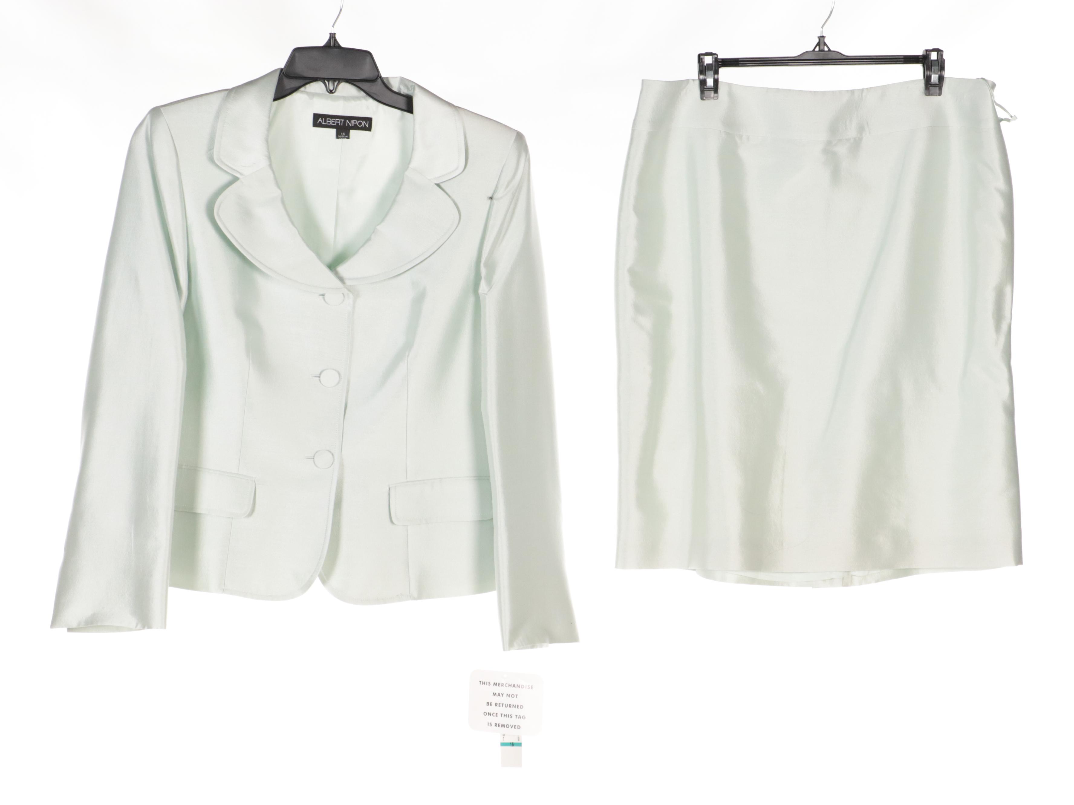 Albert Nipon Black Textured Cotton Dress Suit, Wool Blend Skirt Suits, With Tags