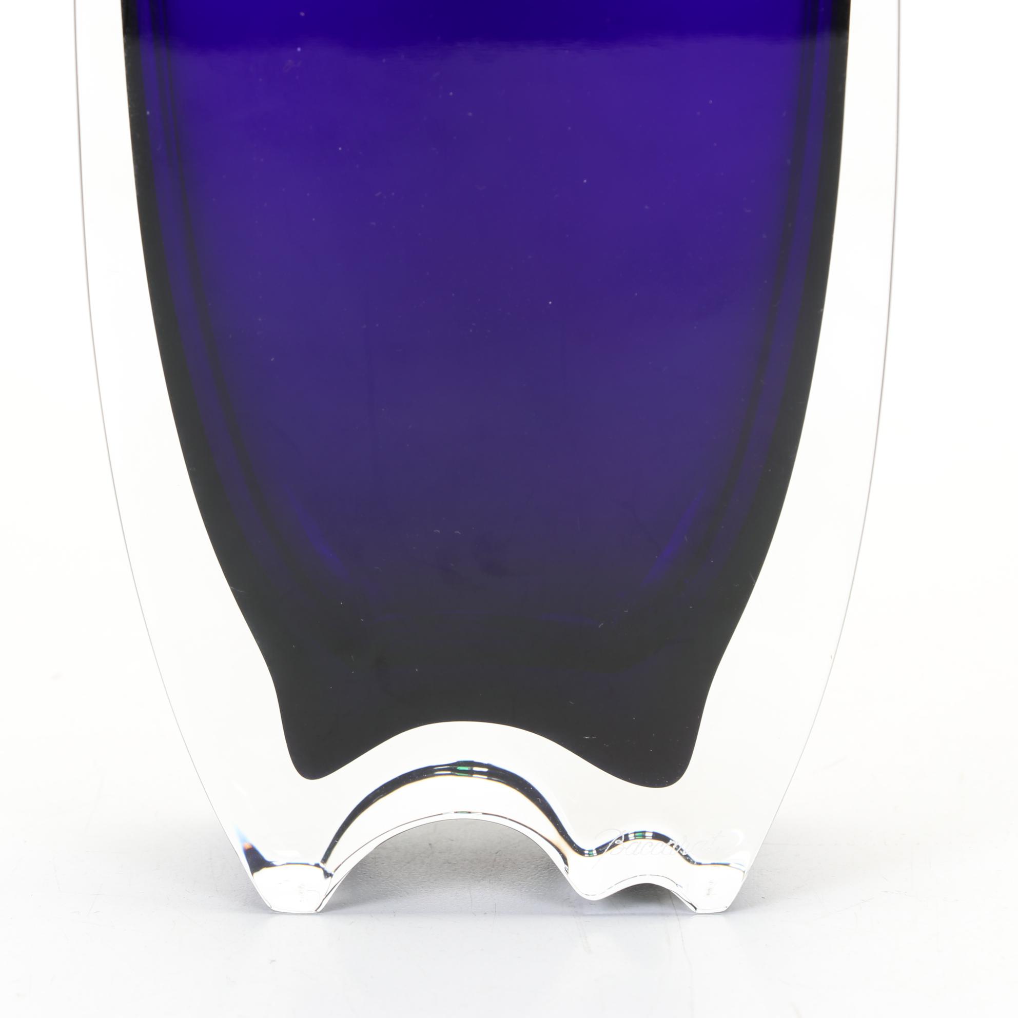 Baccarat "Oceanie" Cobalt Encased Glass Vase With Green Accent By Thomas Bastide