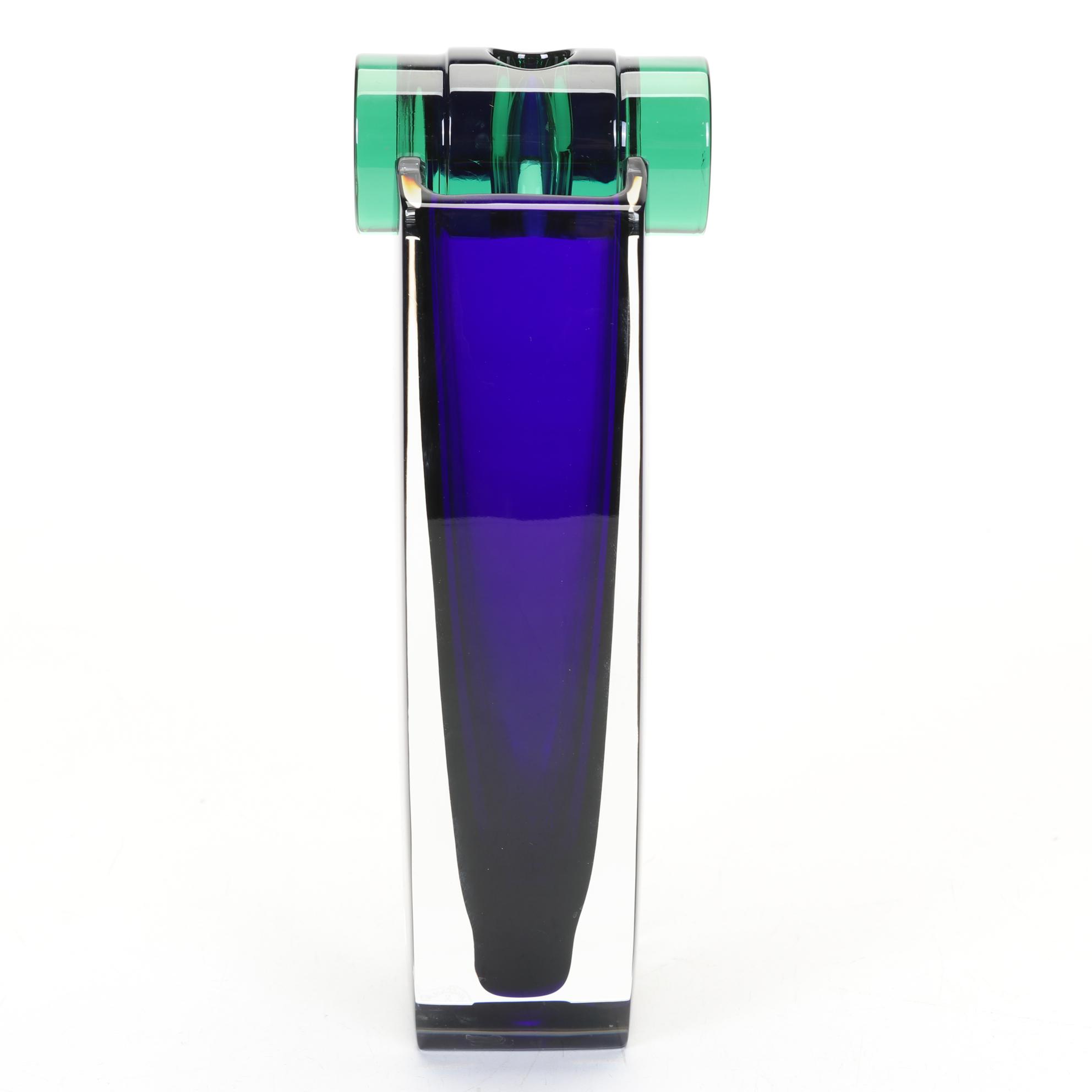 Baccarat "Oceanie" Cobalt Encased Glass Vase With Green Accent By Thomas Bastide