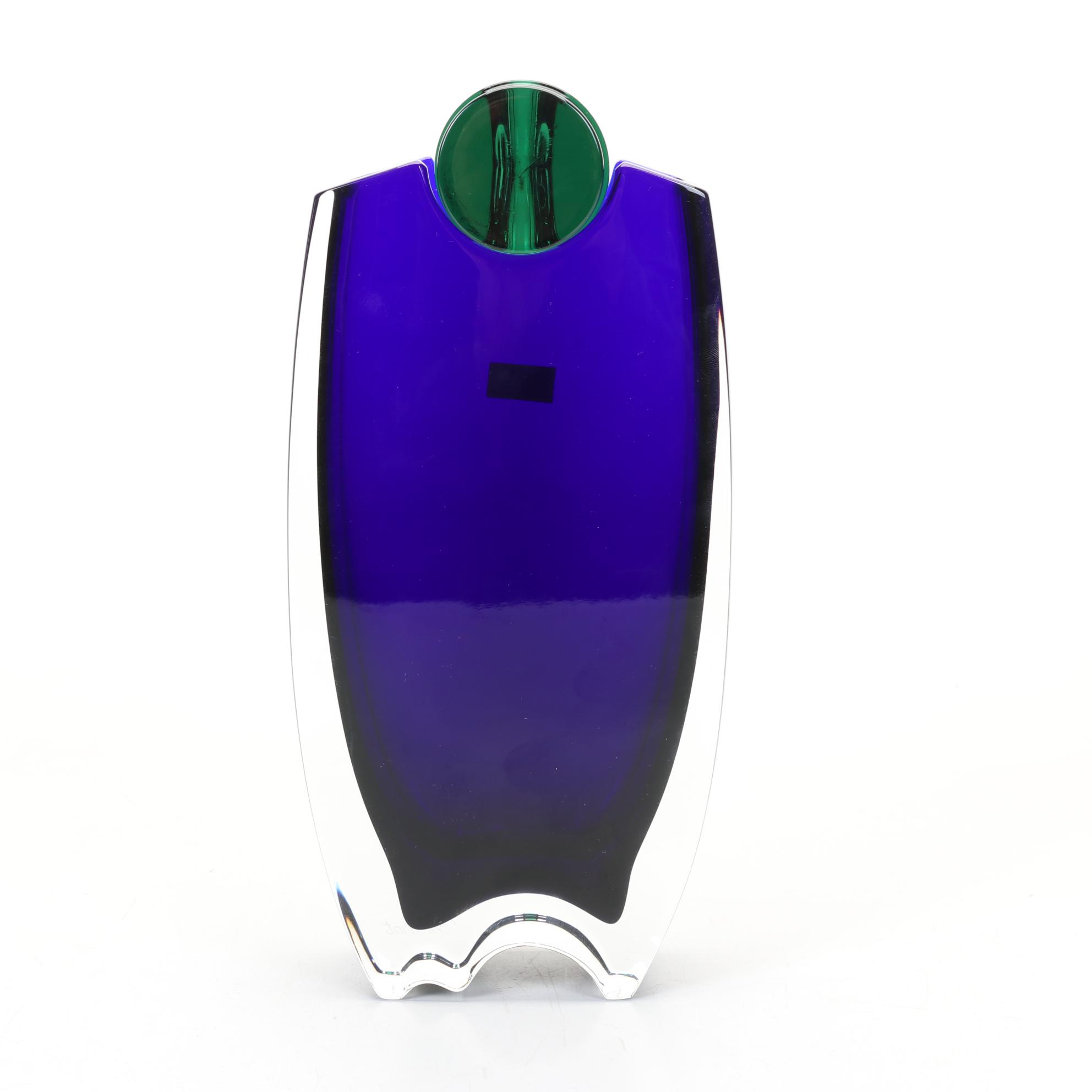 Baccarat "Oceanie" Cobalt Encased Glass Vase With Green Accent By Thomas Bastide