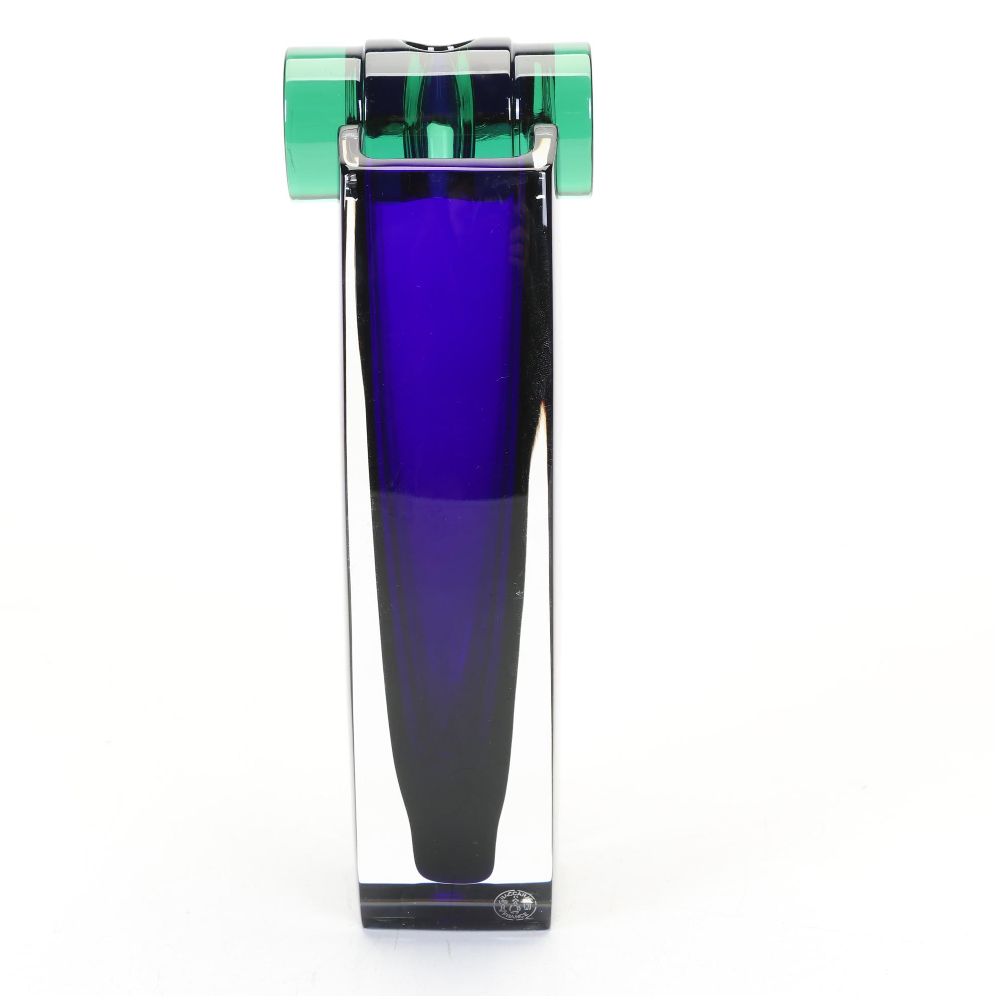 Baccarat "Oceanie" Cobalt Encased Glass Vase With Green Accent By Thomas Bastide