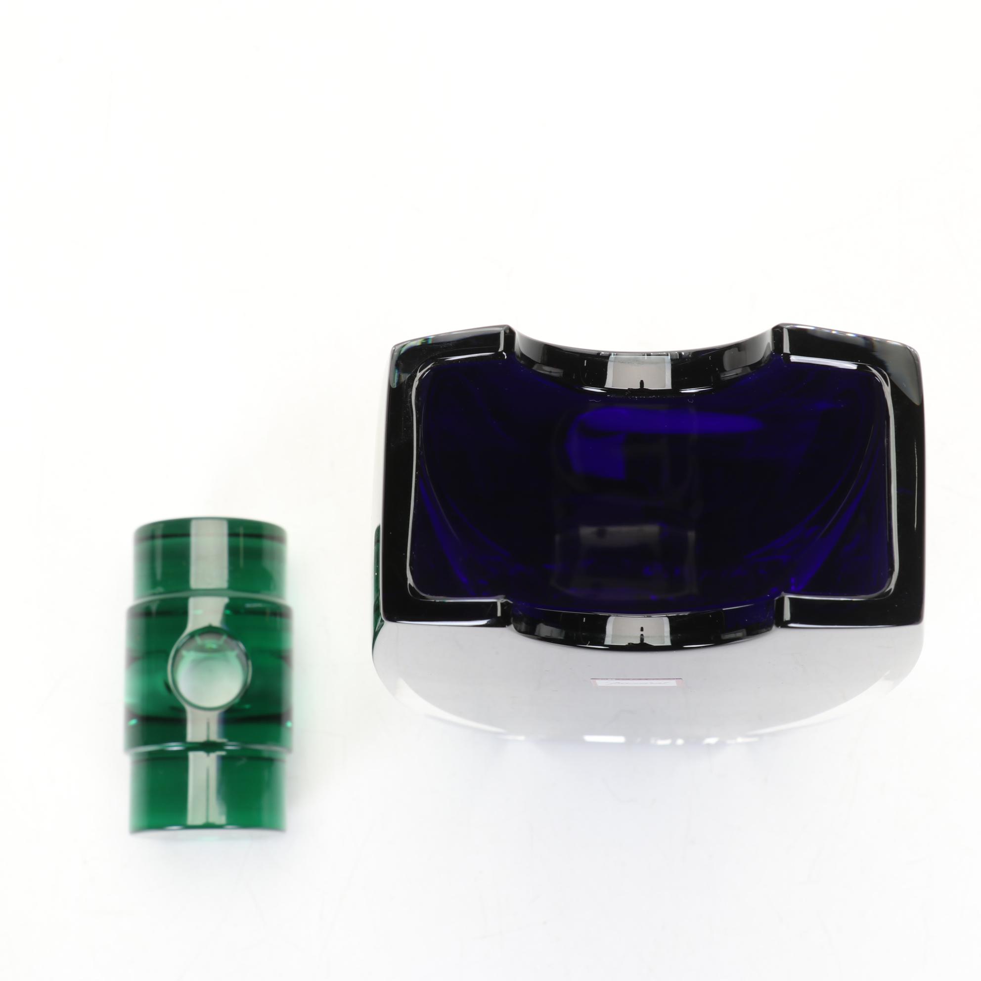 Baccarat "Oceanie" Cobalt Encased Glass Vase With Green Accent By Thomas Bastide