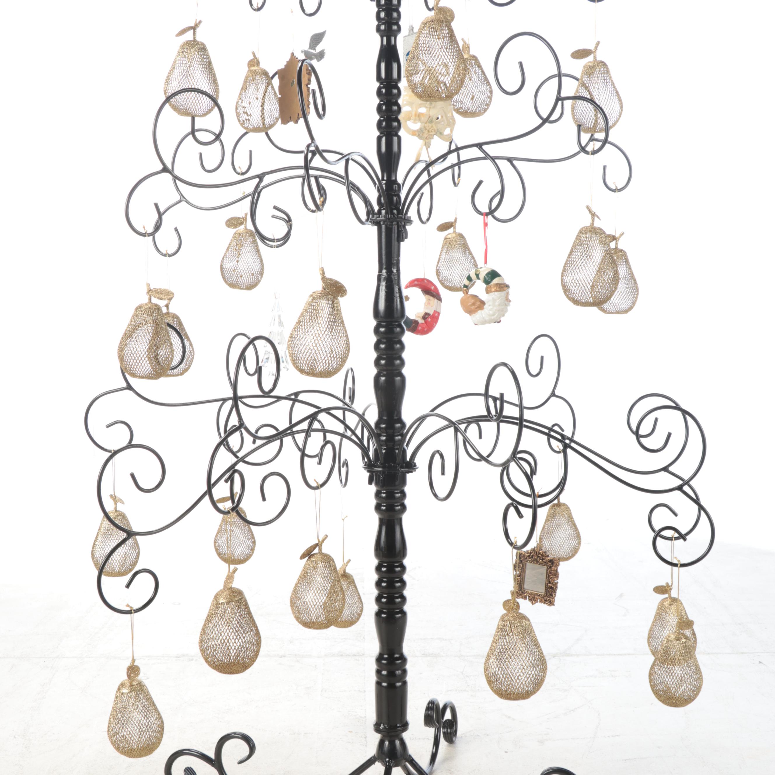 Black Metal Wire Christmas Tree with Ornaments EBTH