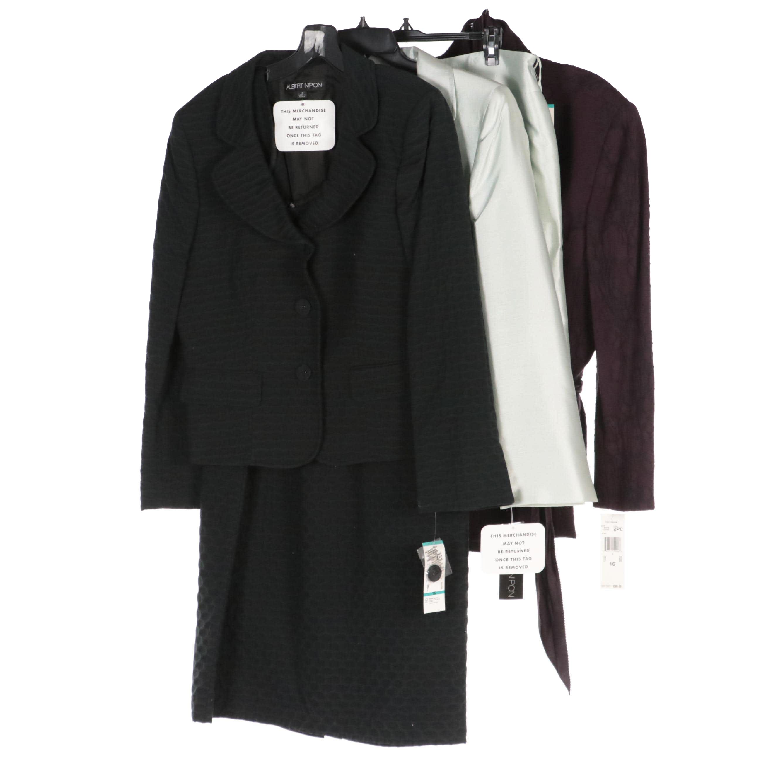 Albert Nipon Black Textured Cotton Dress Suit, Wool Blend Skirt Suits, With Tags