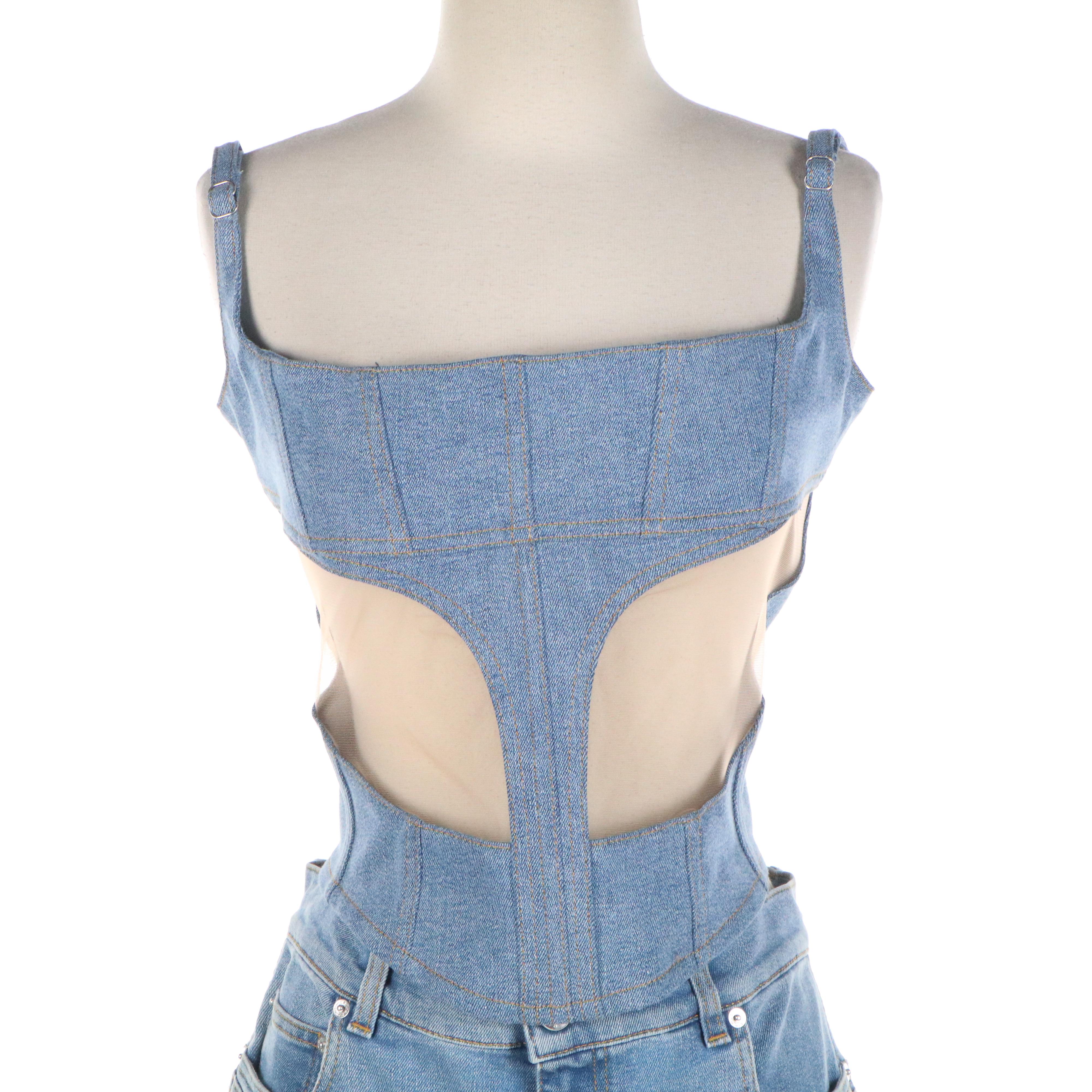 Mugler Illusion Denim/Tulle Corset Top with Black Neoprene Paneled Denim Jeans