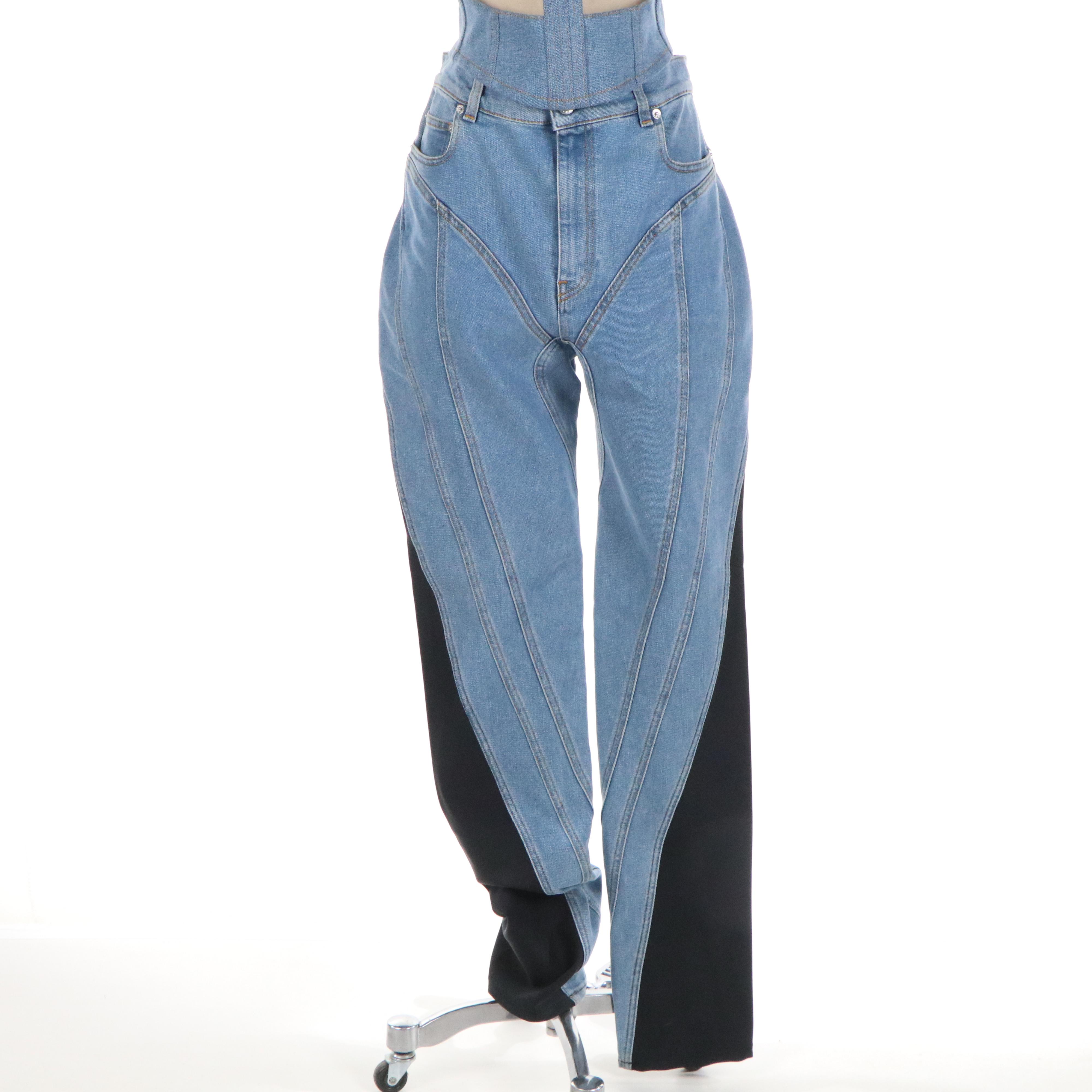 Mugler Illusion Denim/Tulle Corset Top with Black Neoprene Paneled Denim Jeans