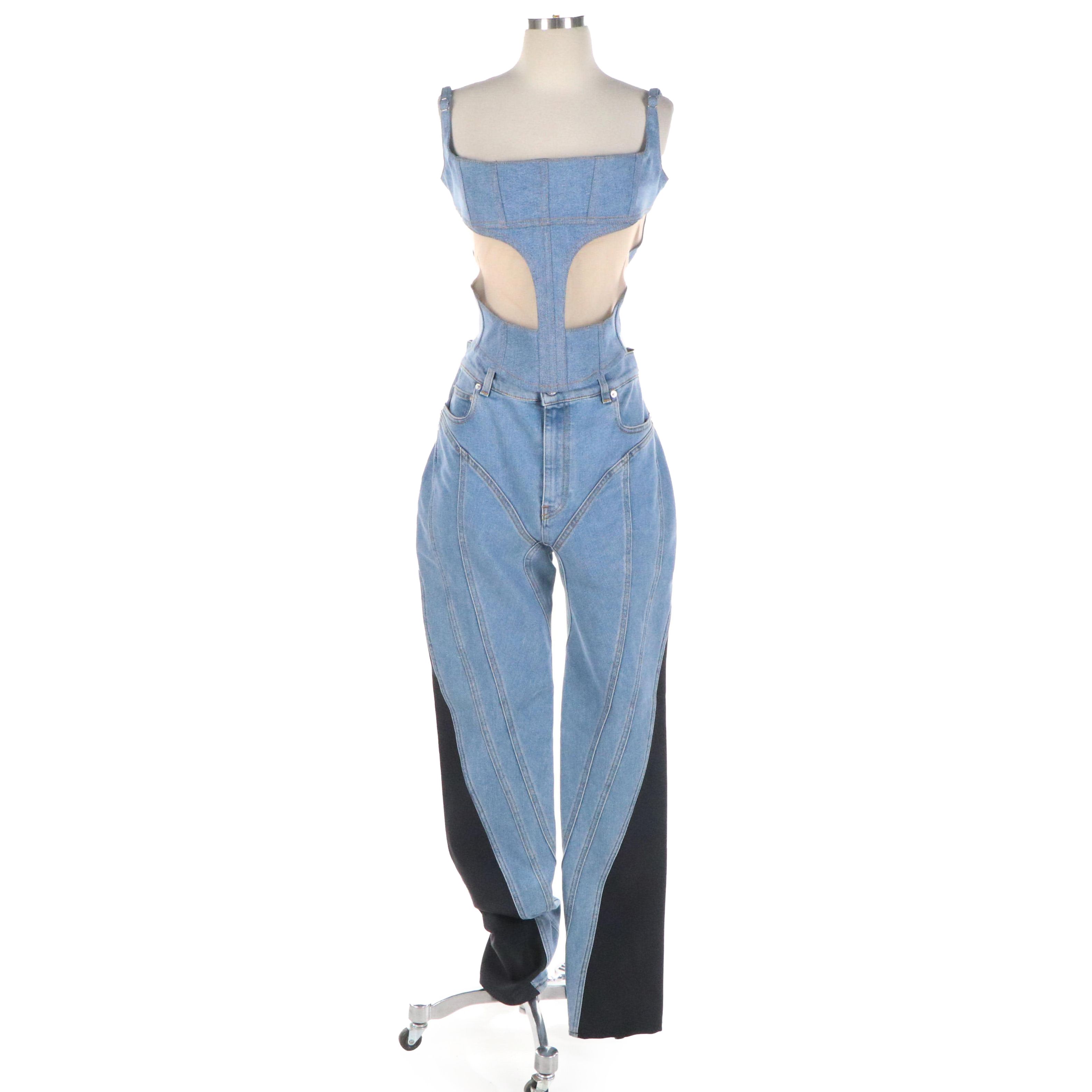 Mugler Illusion Denim/Tulle Corset Top with Black Neoprene Paneled Denim Jeans
