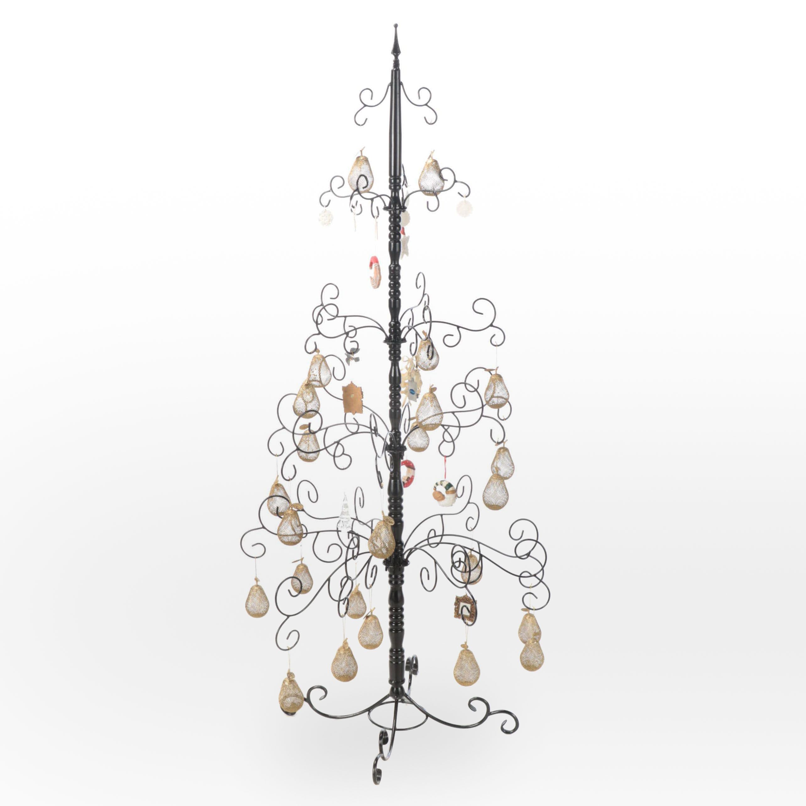Black Metal Wire Christmas Tree with Ornaments EBTH