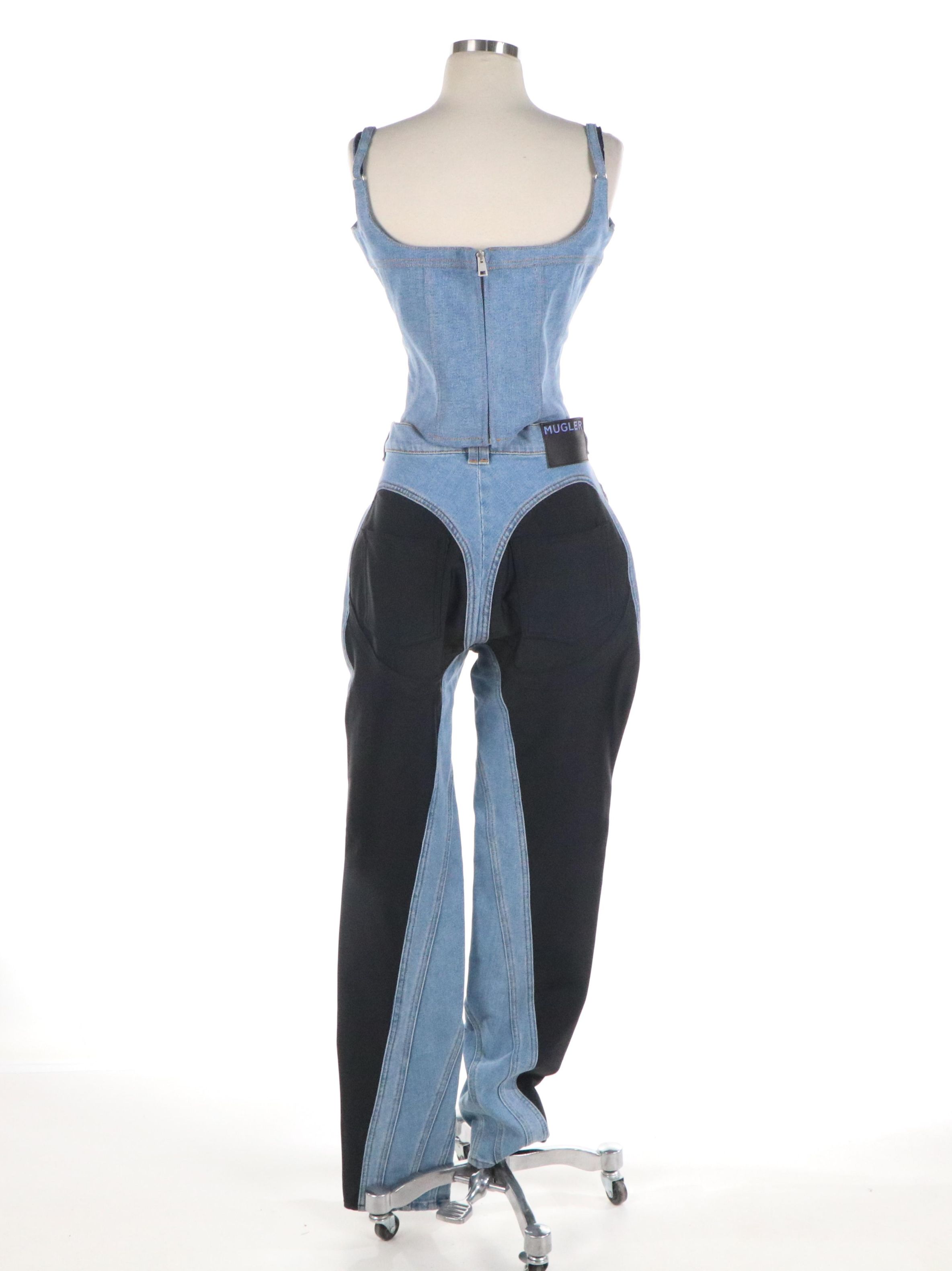 Mugler Illusion Denim/Tulle Corset Top with Black Neoprene Paneled Denim Jeans