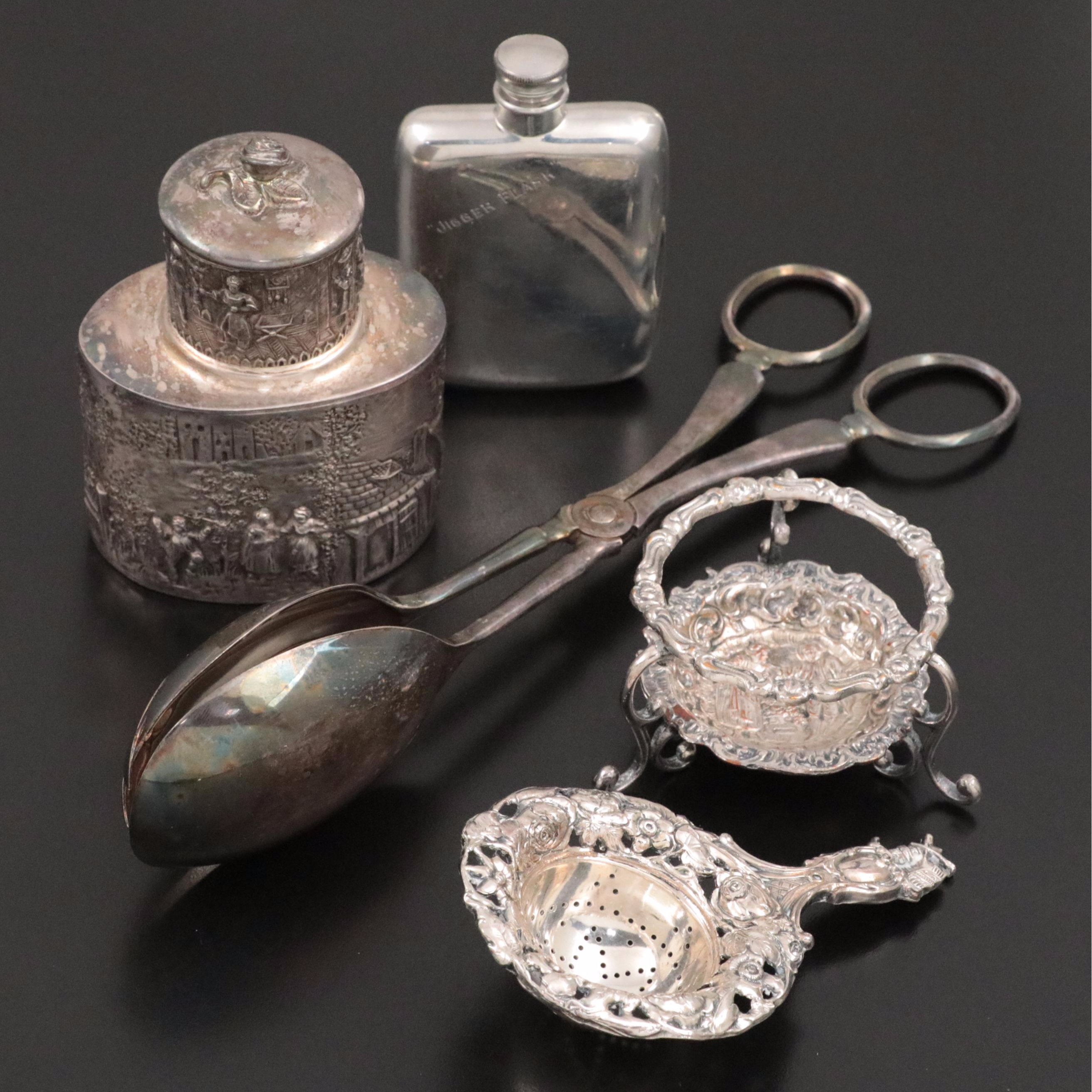 Barbour Silver Co. Silver Plate Tea Cady and Tea Strainer with More