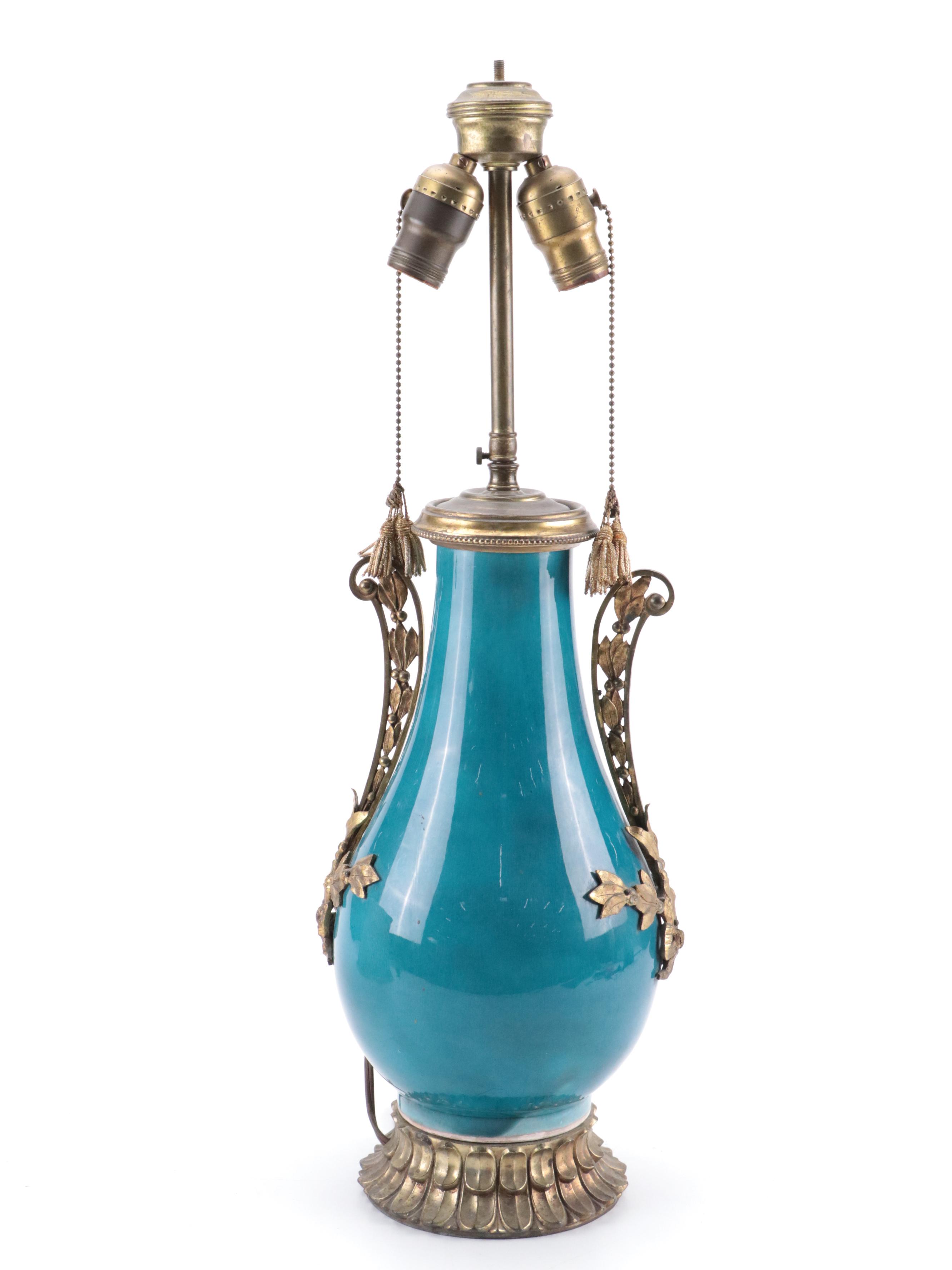 Brass Mount  Teal Glazed Porcelain Table Lamp With Oval Shade