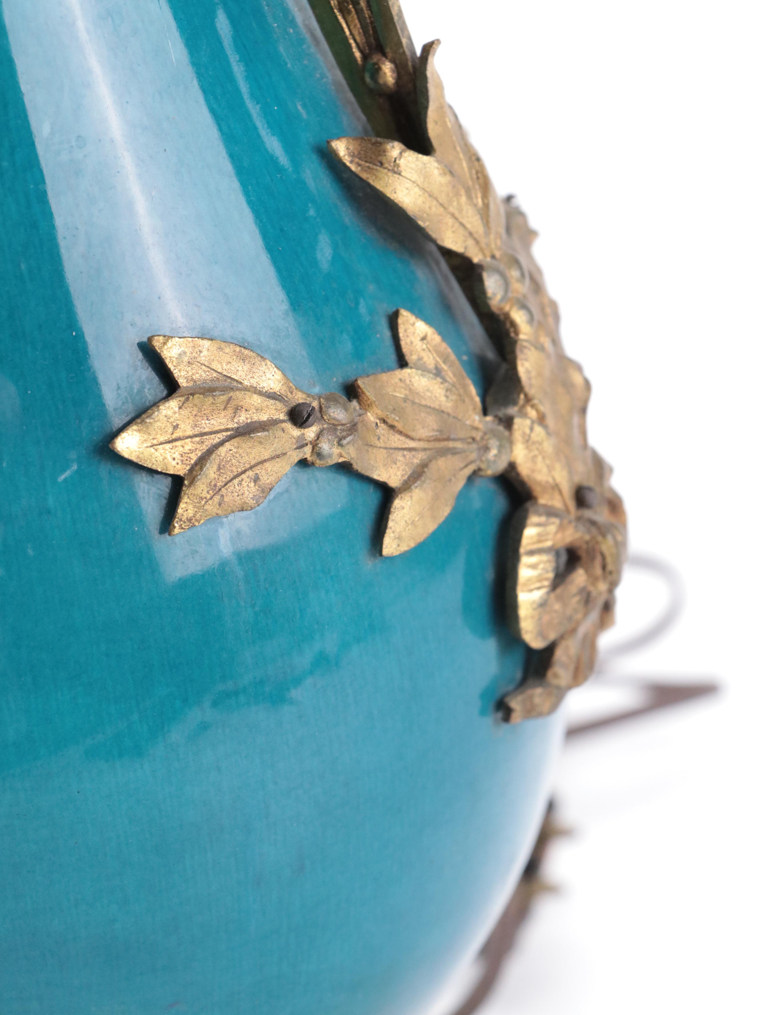 Brass Mount  Teal Glazed Porcelain Table Lamp With Oval Shade