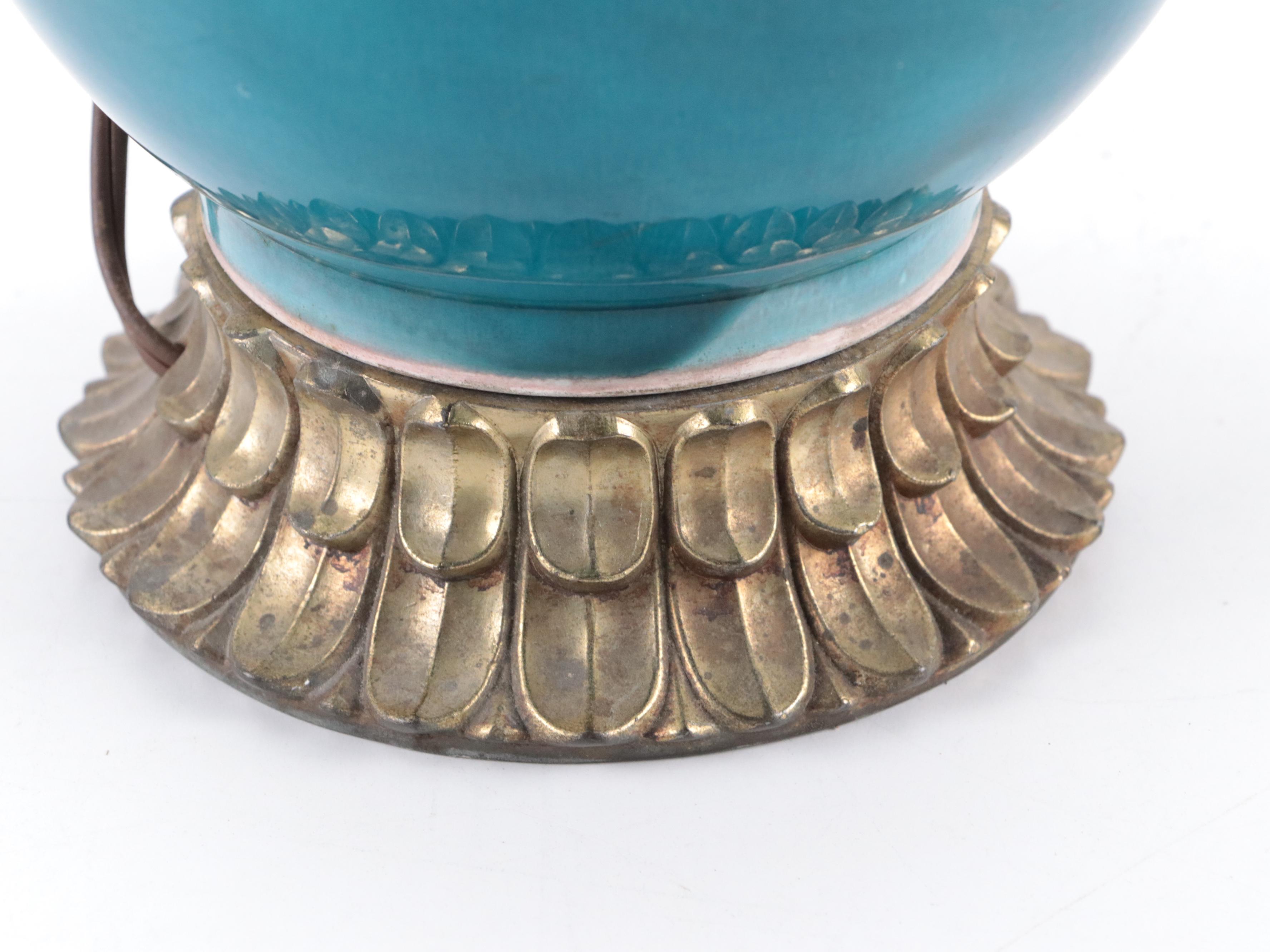 Brass Mount  Teal Glazed Porcelain Table Lamp With Oval Shade