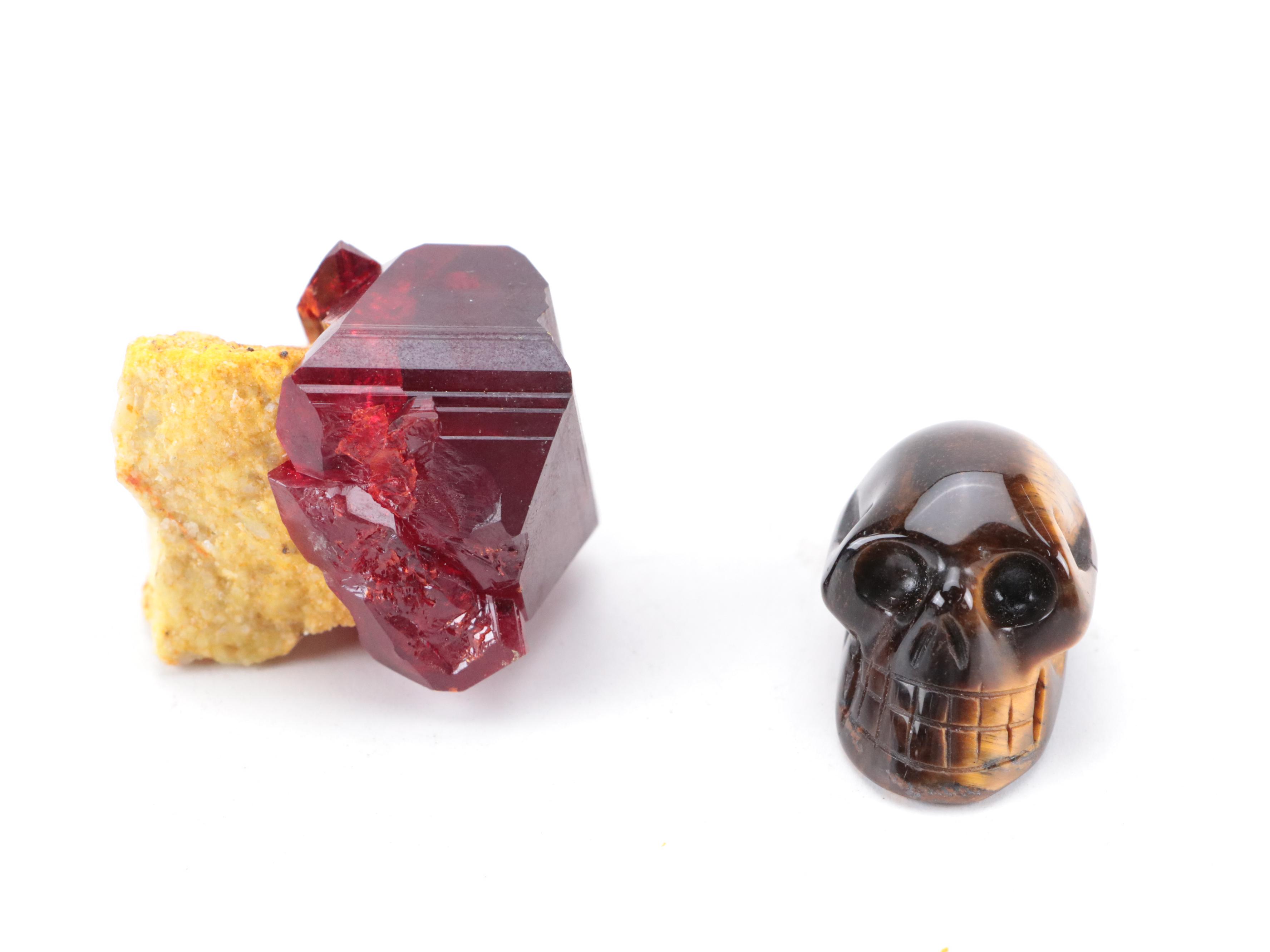 Petrified Wood Slab, Banded Calcite Carved Cactus, Tiger's Eye Skull