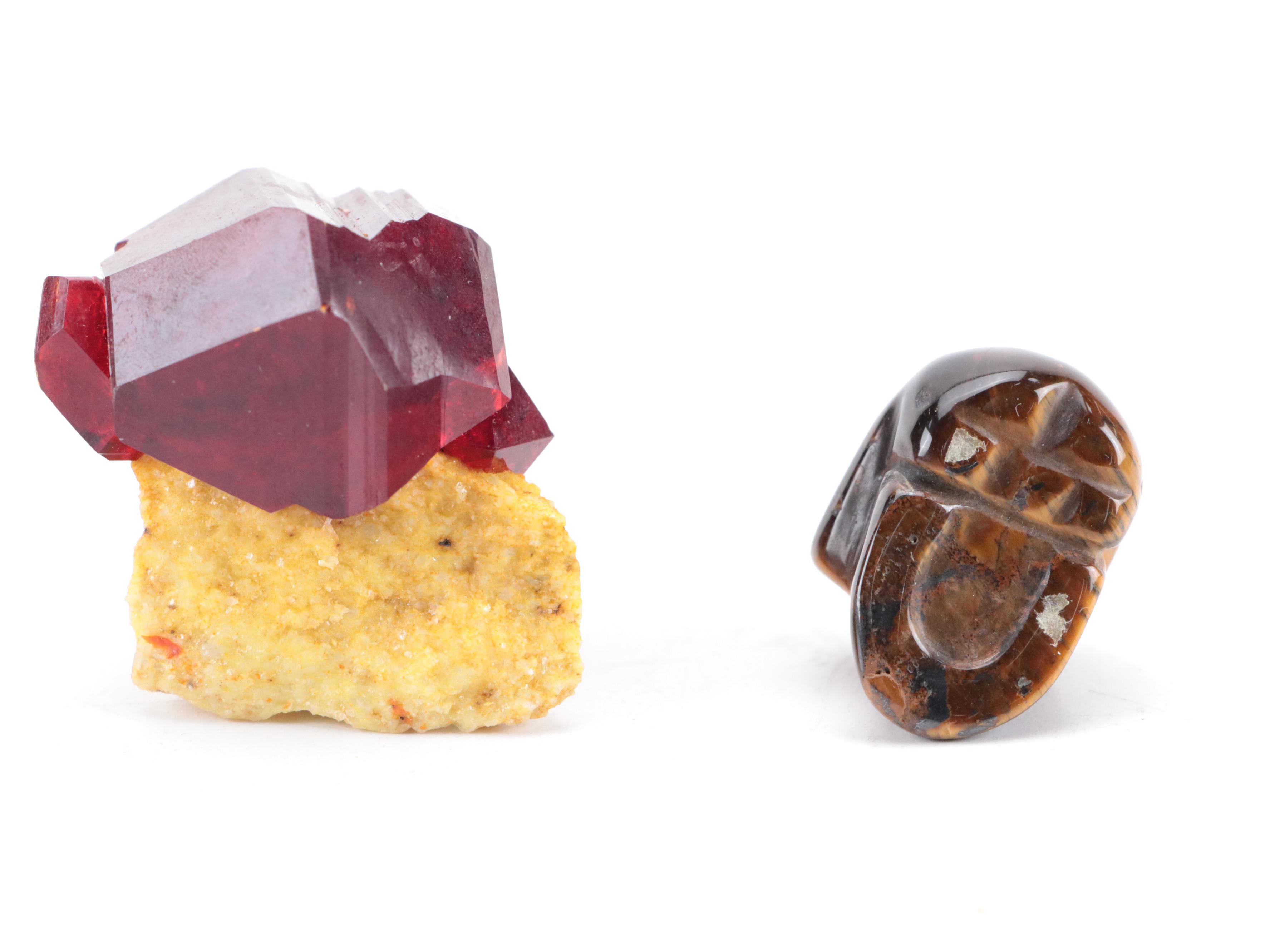 Petrified Wood Slab, Banded Calcite Carved Cactus, Tiger's Eye Skull, Pruskite