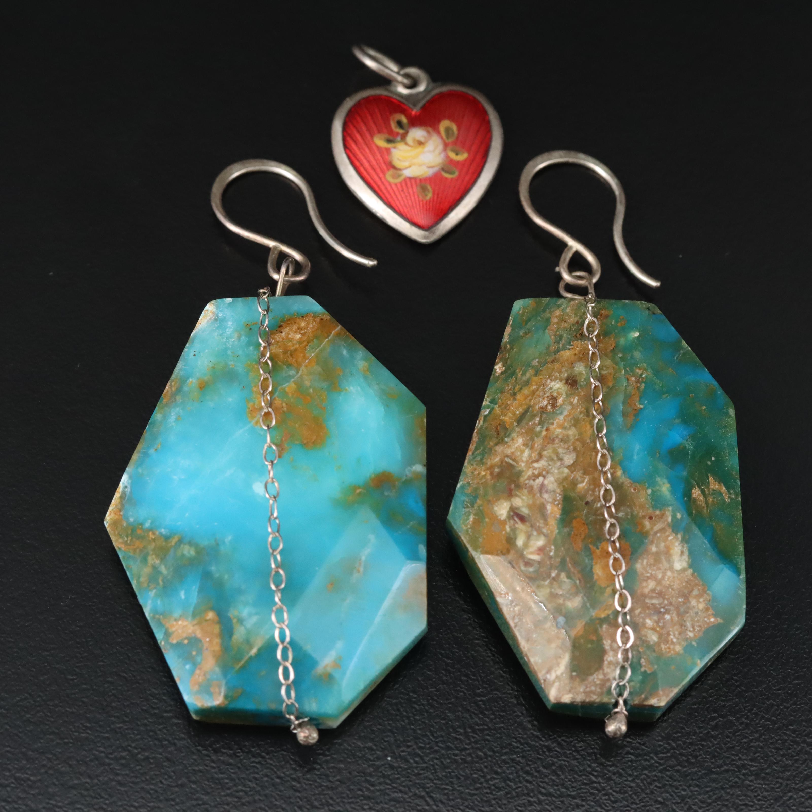 Turquoise Earrings and Sterling Enamel Heart Featured in Jewelry Lot