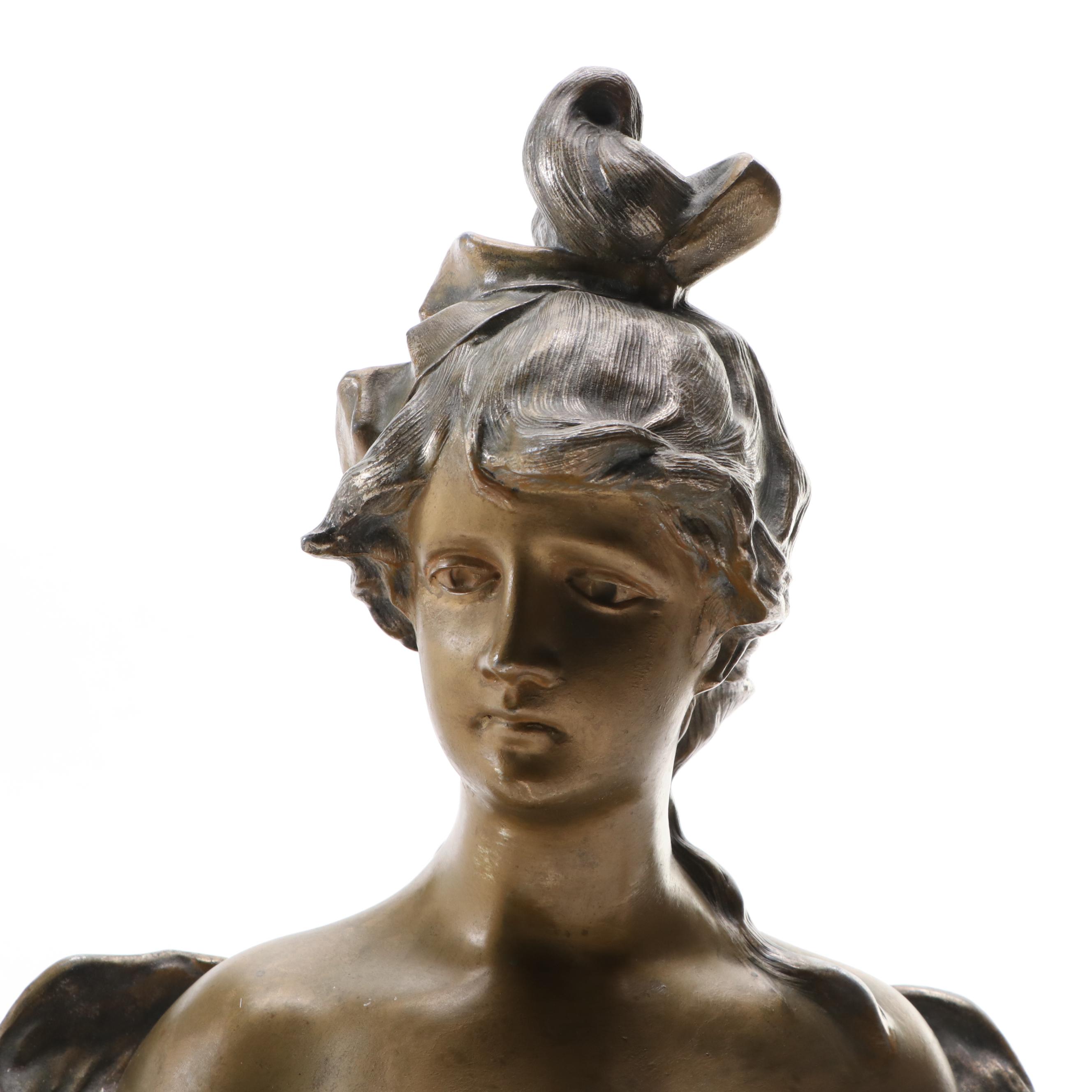 Victorian Brass-Patinated Metal Bust on Stone Base
