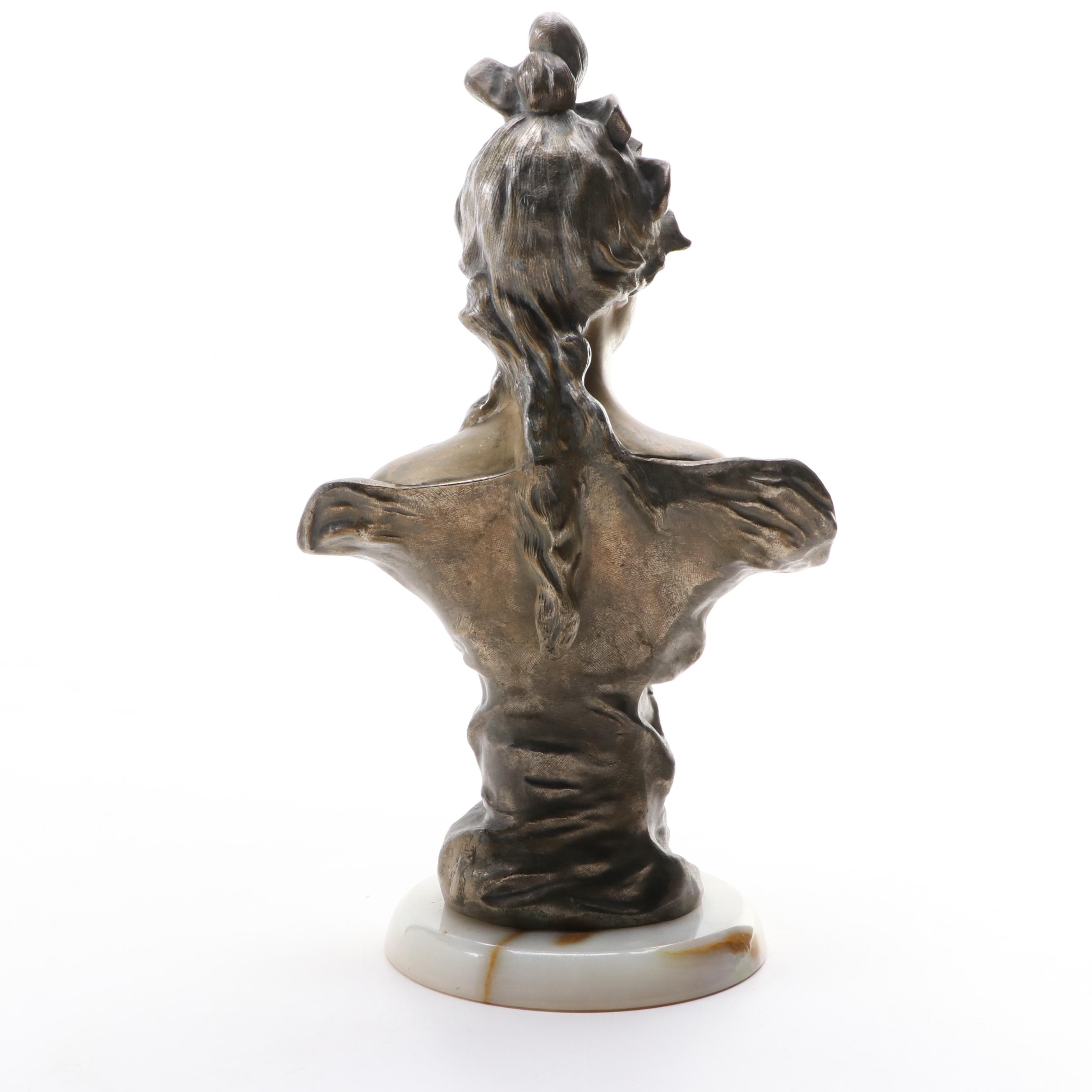 Victorian Brass-Patinated Metal Bust on Stone Base