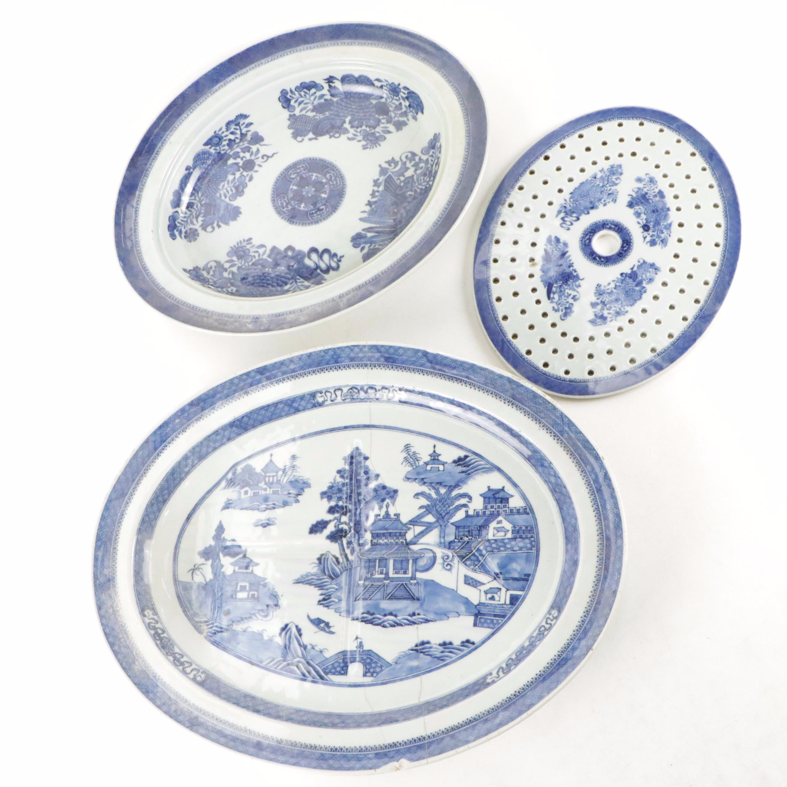 Blue and White Chinese Serving Platter with Export Meat Platter with Strainer