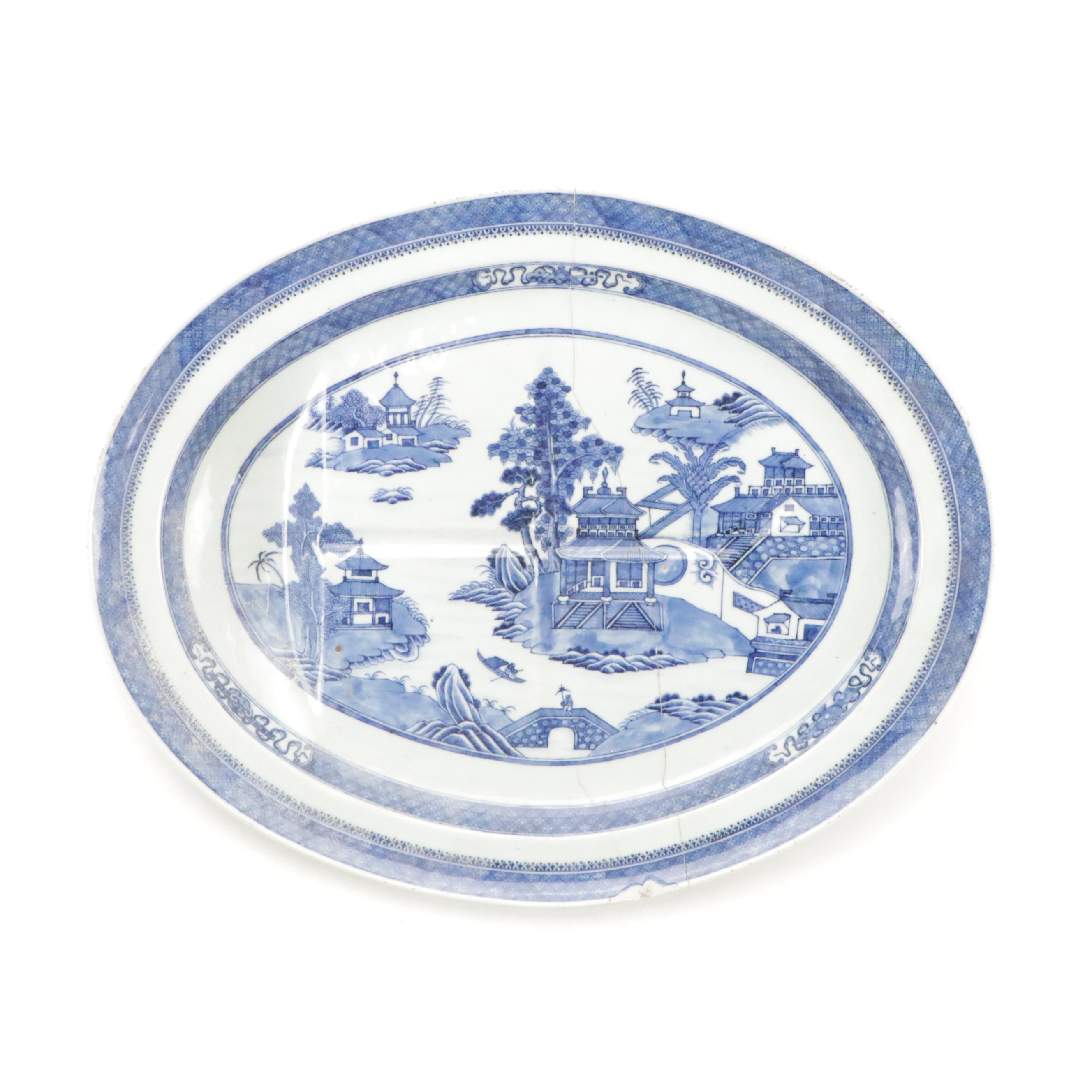 Blue and White Chinese Serving Platter with Export Meat Platter with Strainer