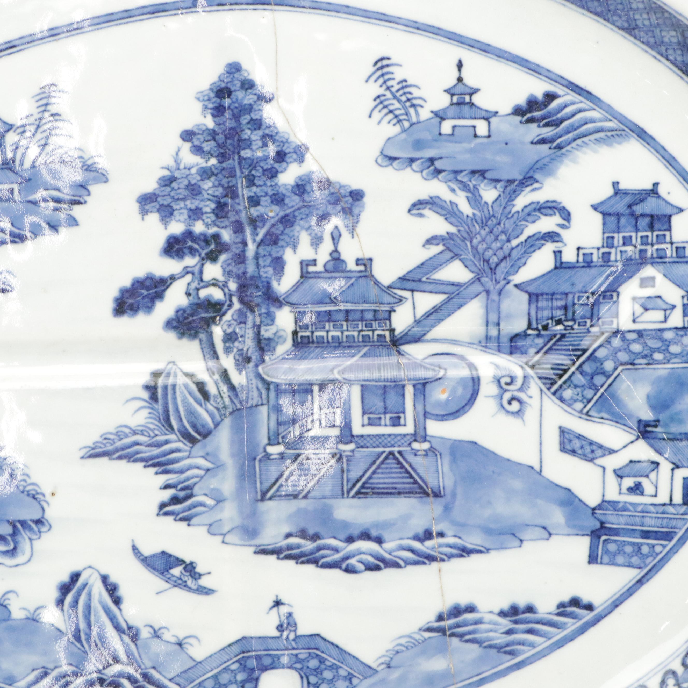 Blue and White Chinese Serving Platter with Export Meat Platter with Strainer